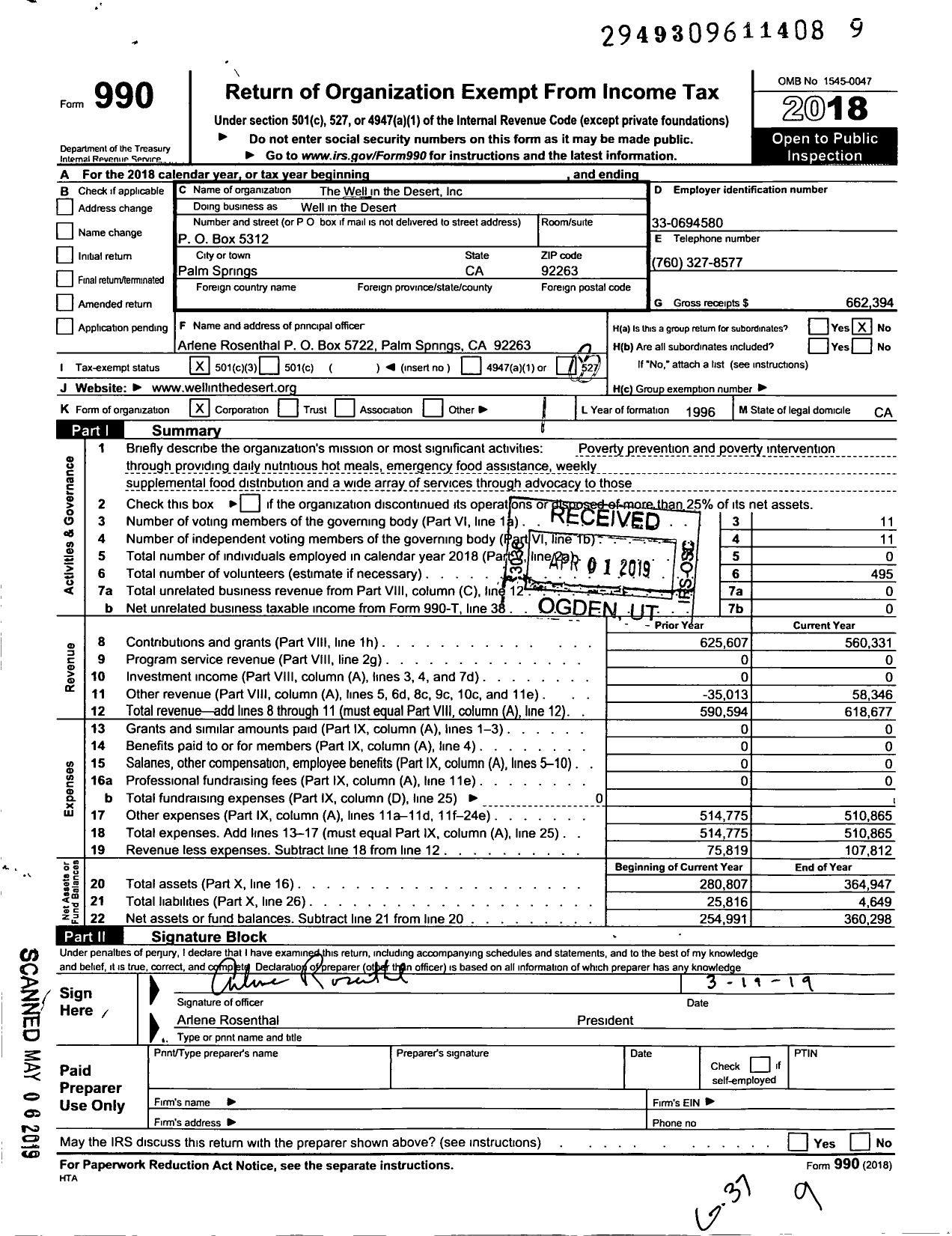 Image of first page of 2018 Form 990 for The Well in the Desert Inc Well in the Desert