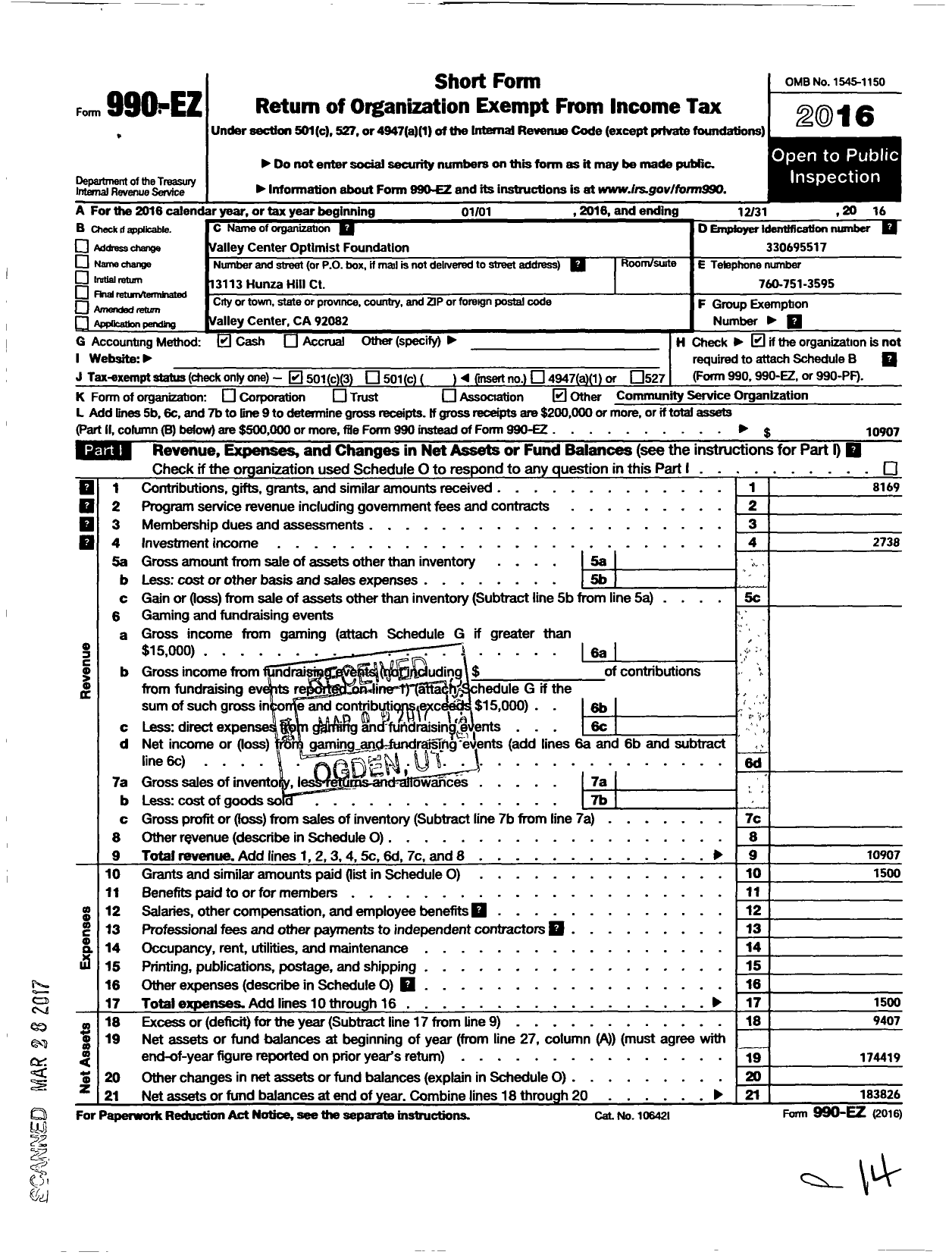 Image of first page of 2016 Form 990EZ for Valley Center Optimist Foundation