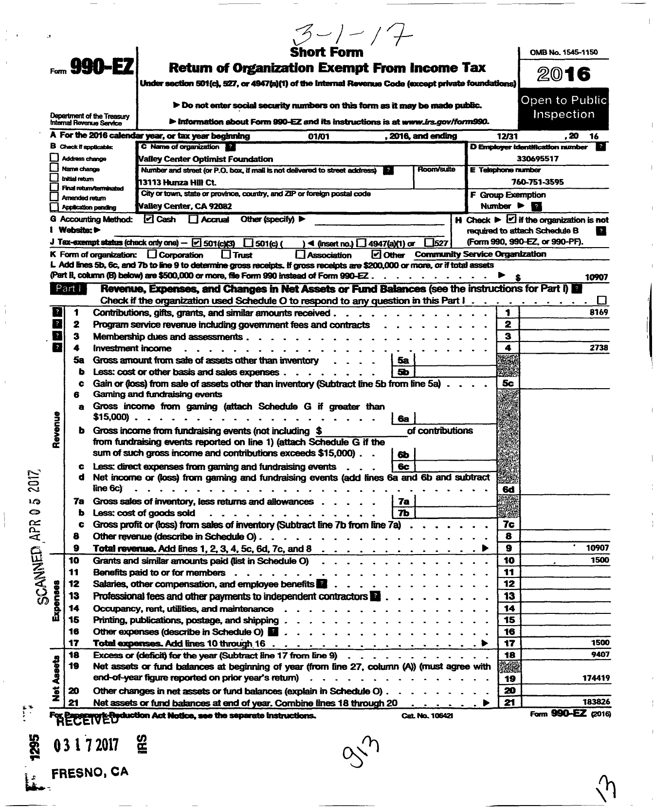 Image of first page of 2016 Form 990EZ for Valley Center Optimist Foundation