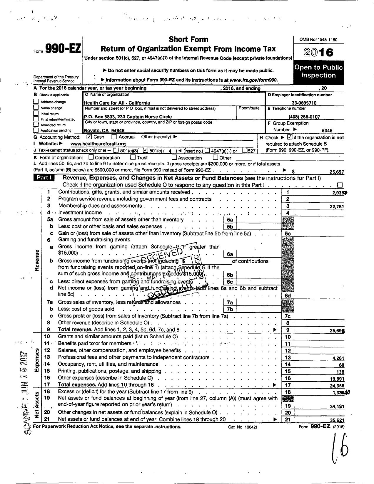 Image of first page of 2016 Form 990EO for Health Care for All-California