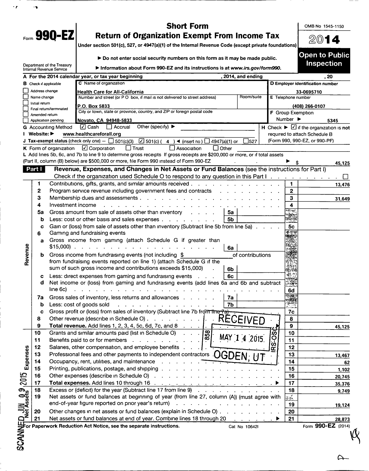 Image of first page of 2014 Form 990EO for Health Care for All-California