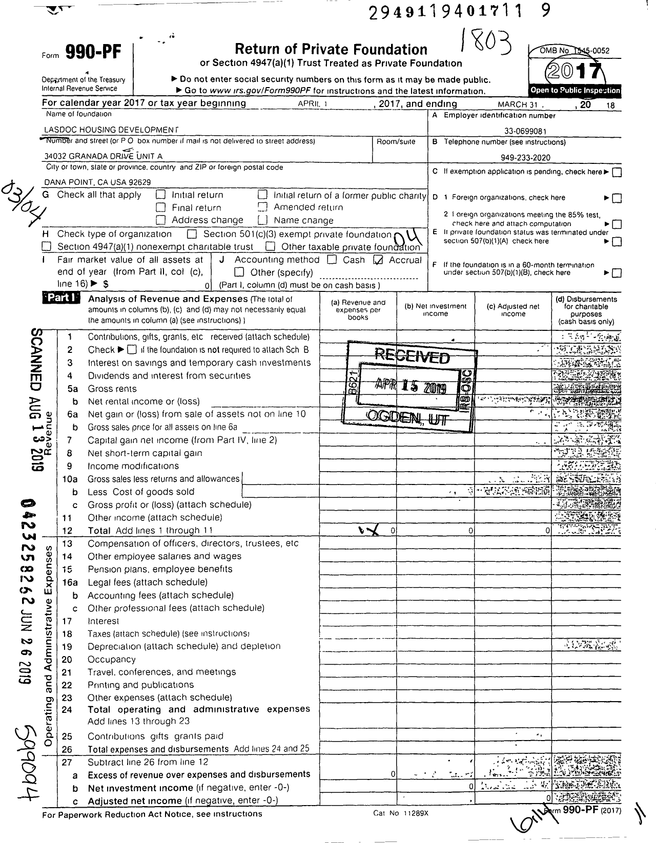 Image of first page of 2017 Form 990PF for LASDOC Housing Development