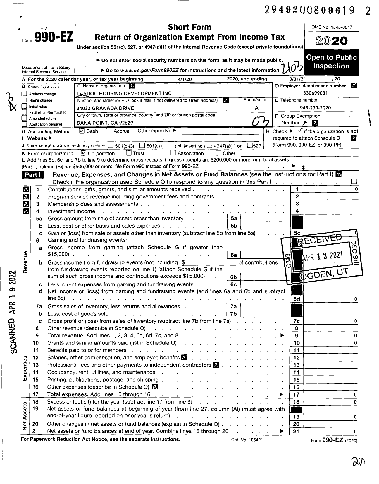 Image of first page of 2020 Form 990EZ for LASDOC Housing Development