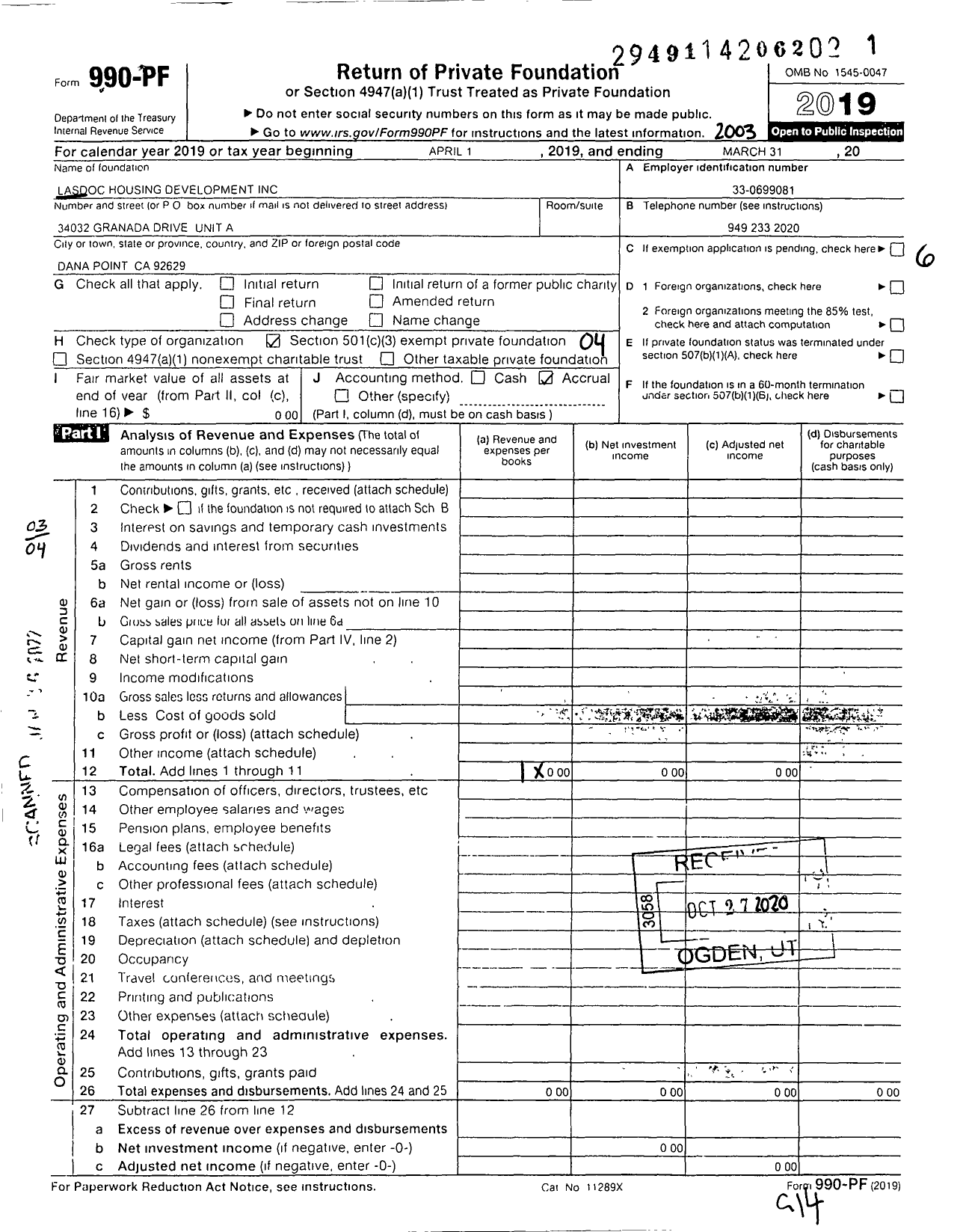 Image of first page of 2019 Form 990PF for LASDOC Housing Development