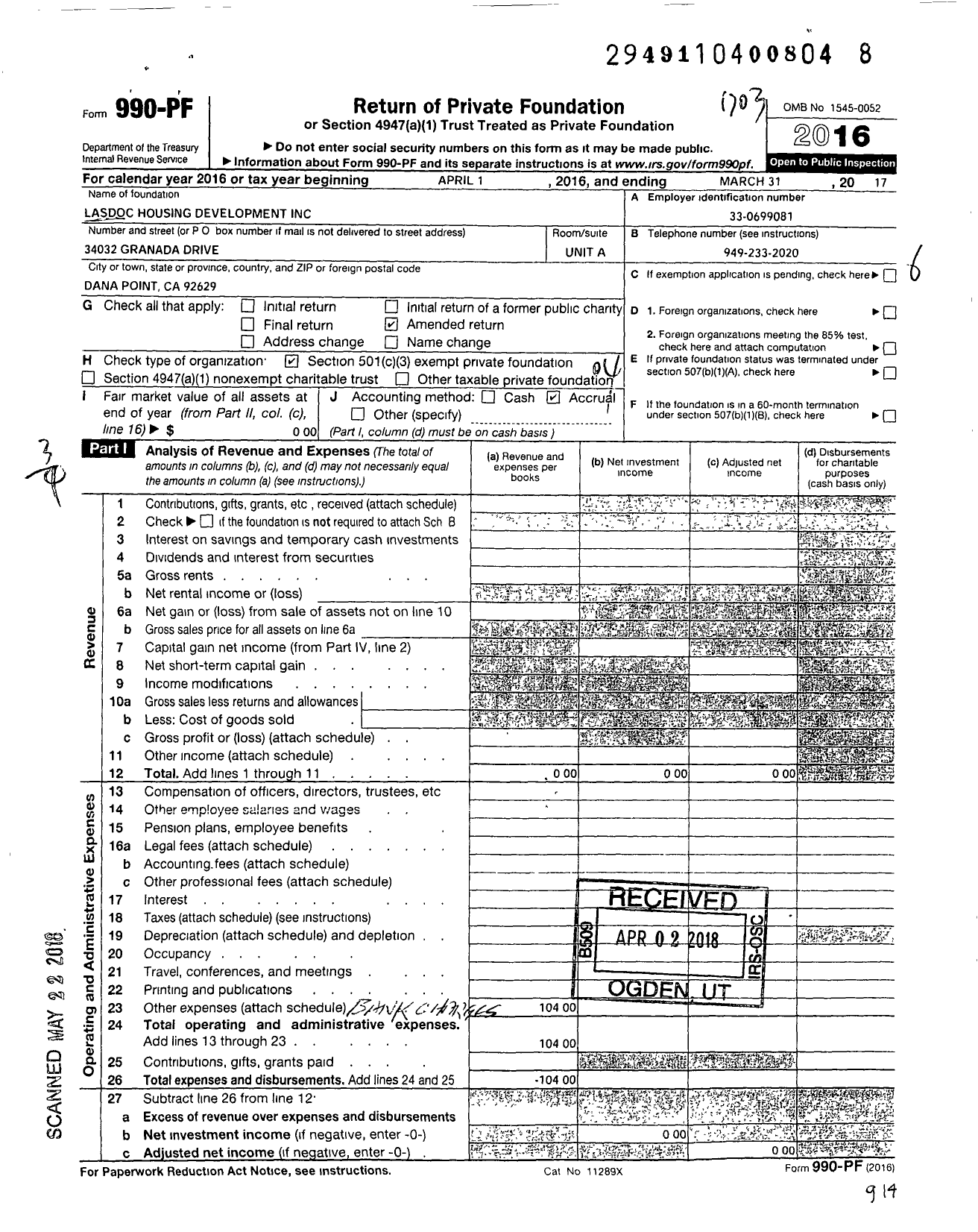 Image of first page of 2016 Form 990PF for LASDOC Housing Development