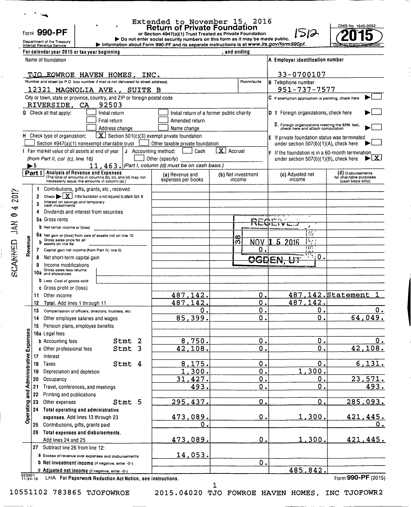 Image of first page of 2015 Form 990PF for Tjo Fowroe Haven Homes