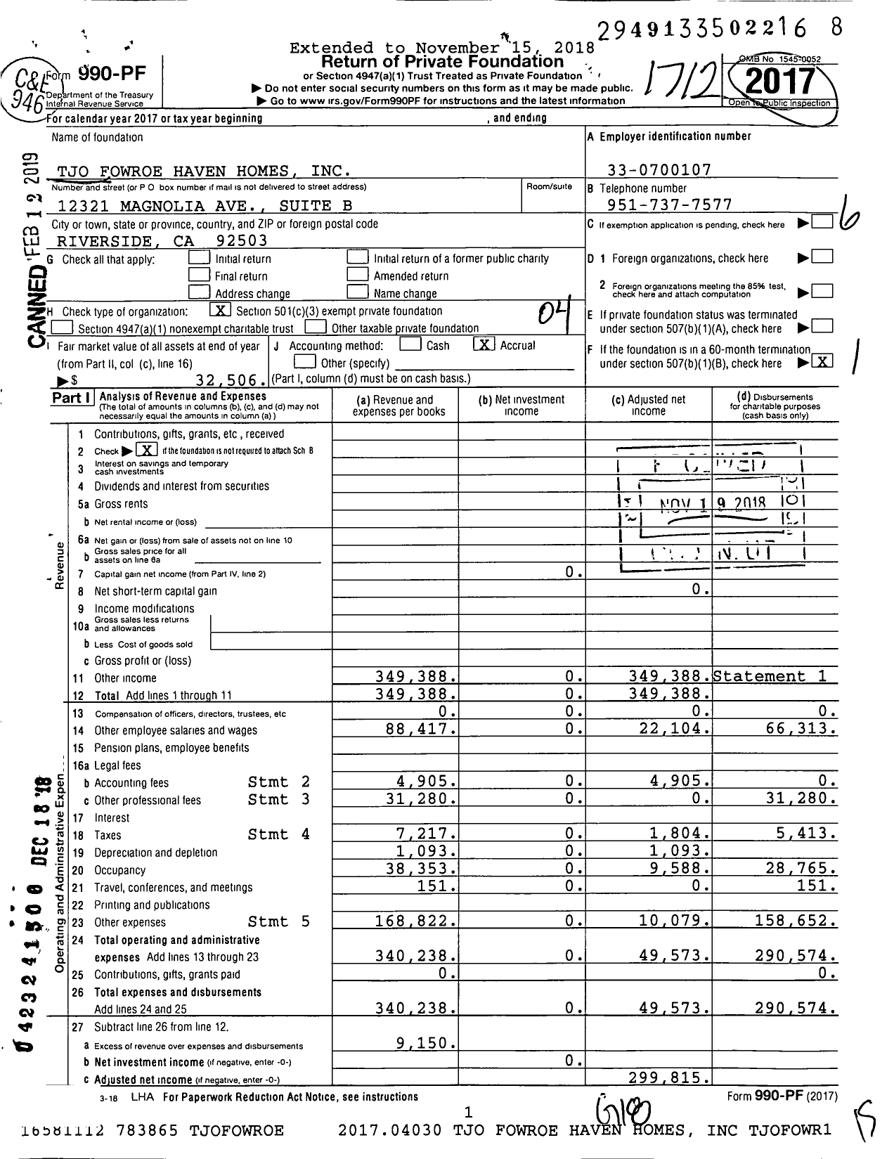 Image of first page of 2017 Form 990PF for Tjo Fowroe Haven Homes