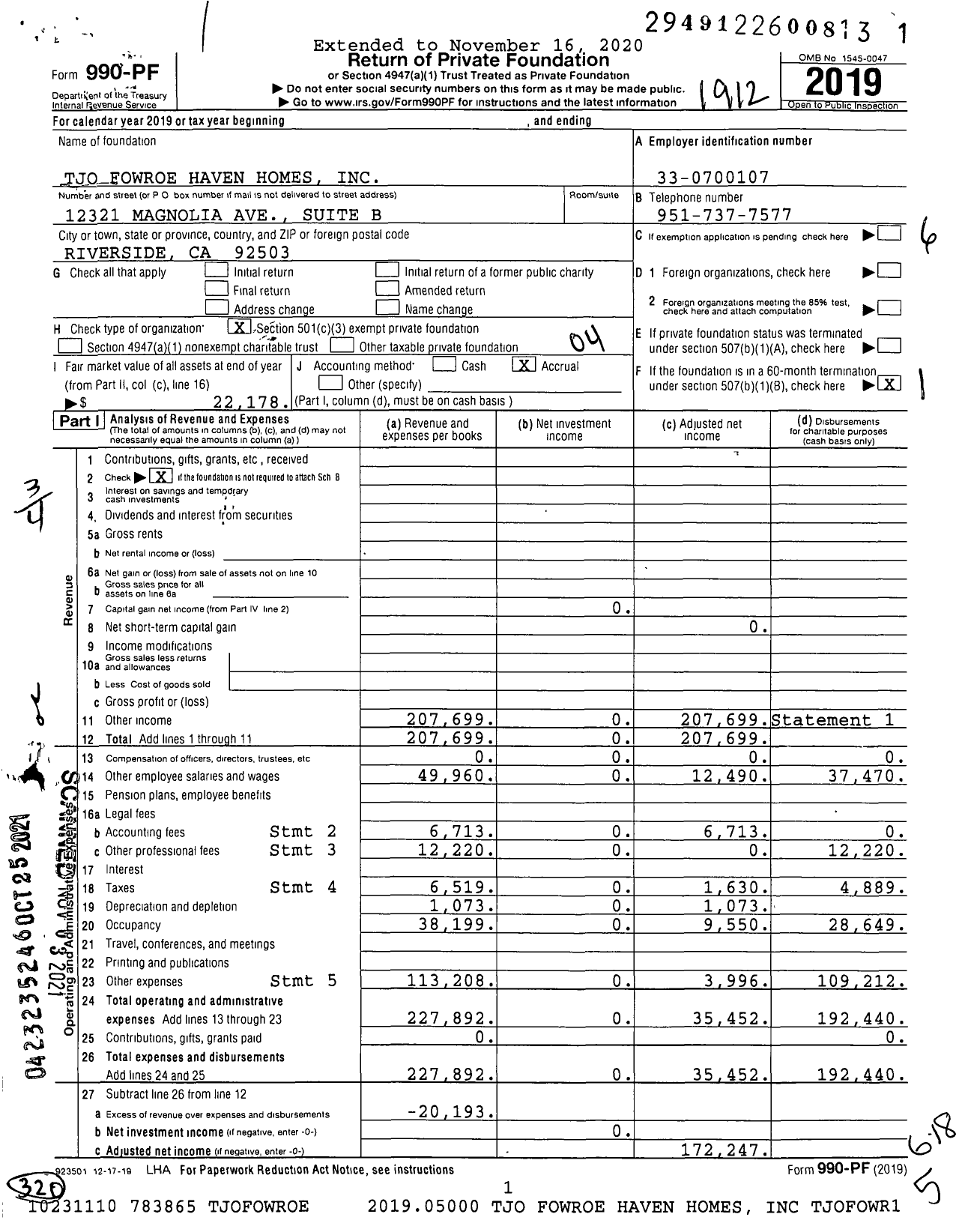 Image of first page of 2019 Form 990PF for Tjo Fowroe Haven Homes