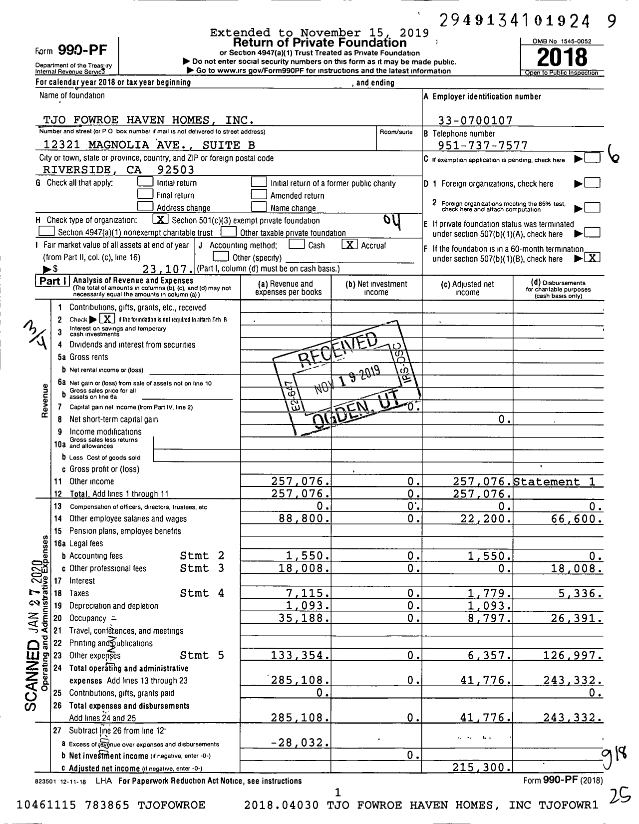 Image of first page of 2018 Form 990PF for Tjo Fowroe Haven Homes