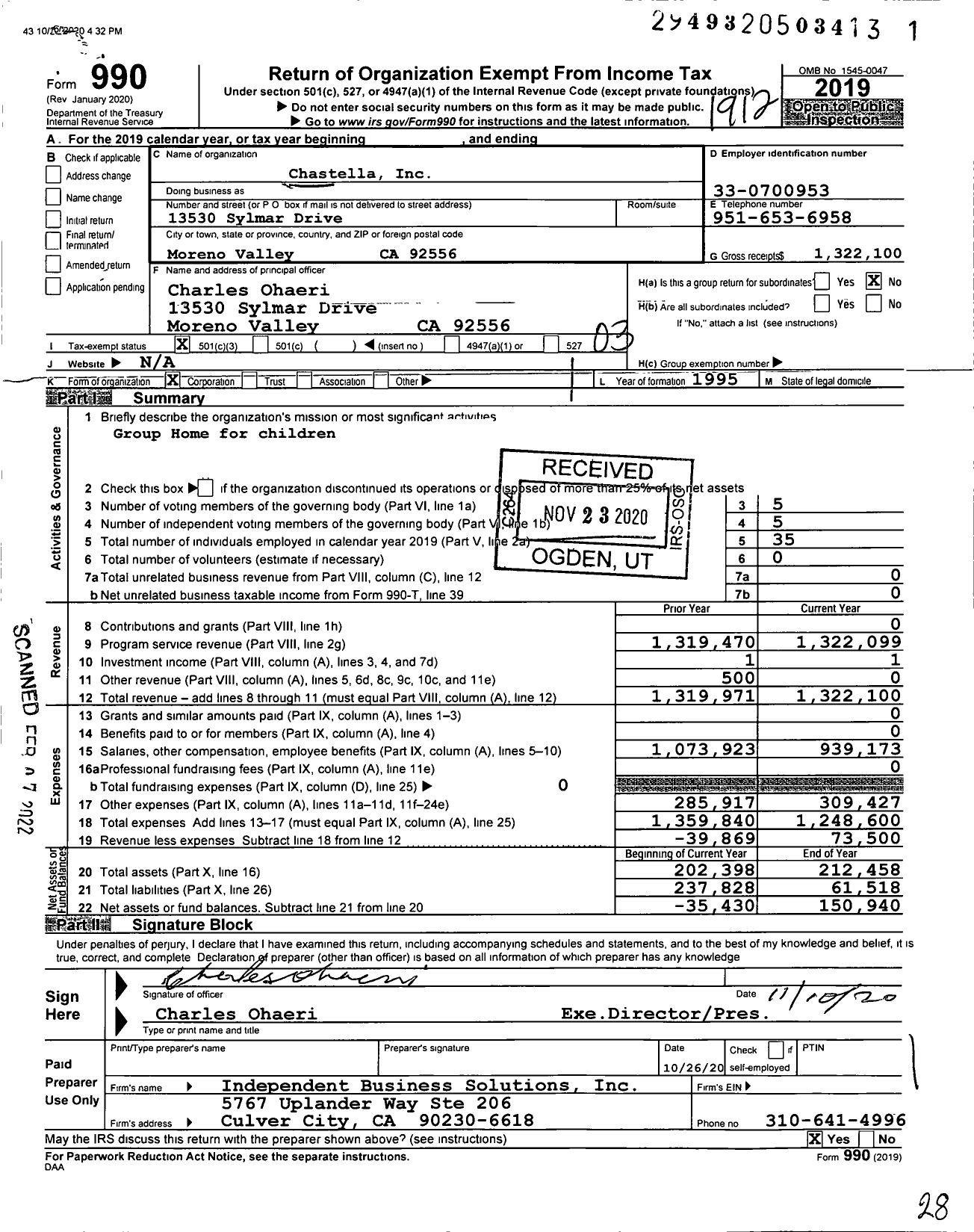 Image of first page of 2019 Form 990 for Chastella