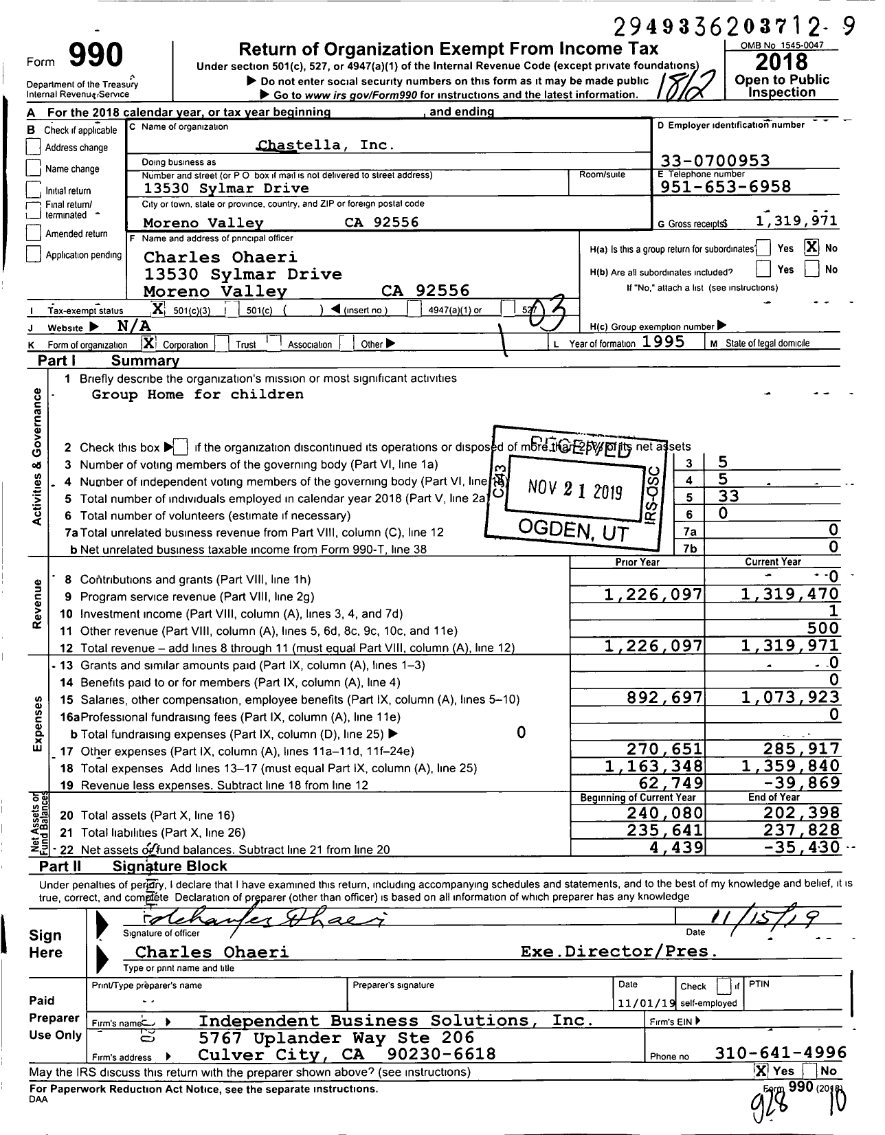 Image of first page of 2018 Form 990 for Chastella