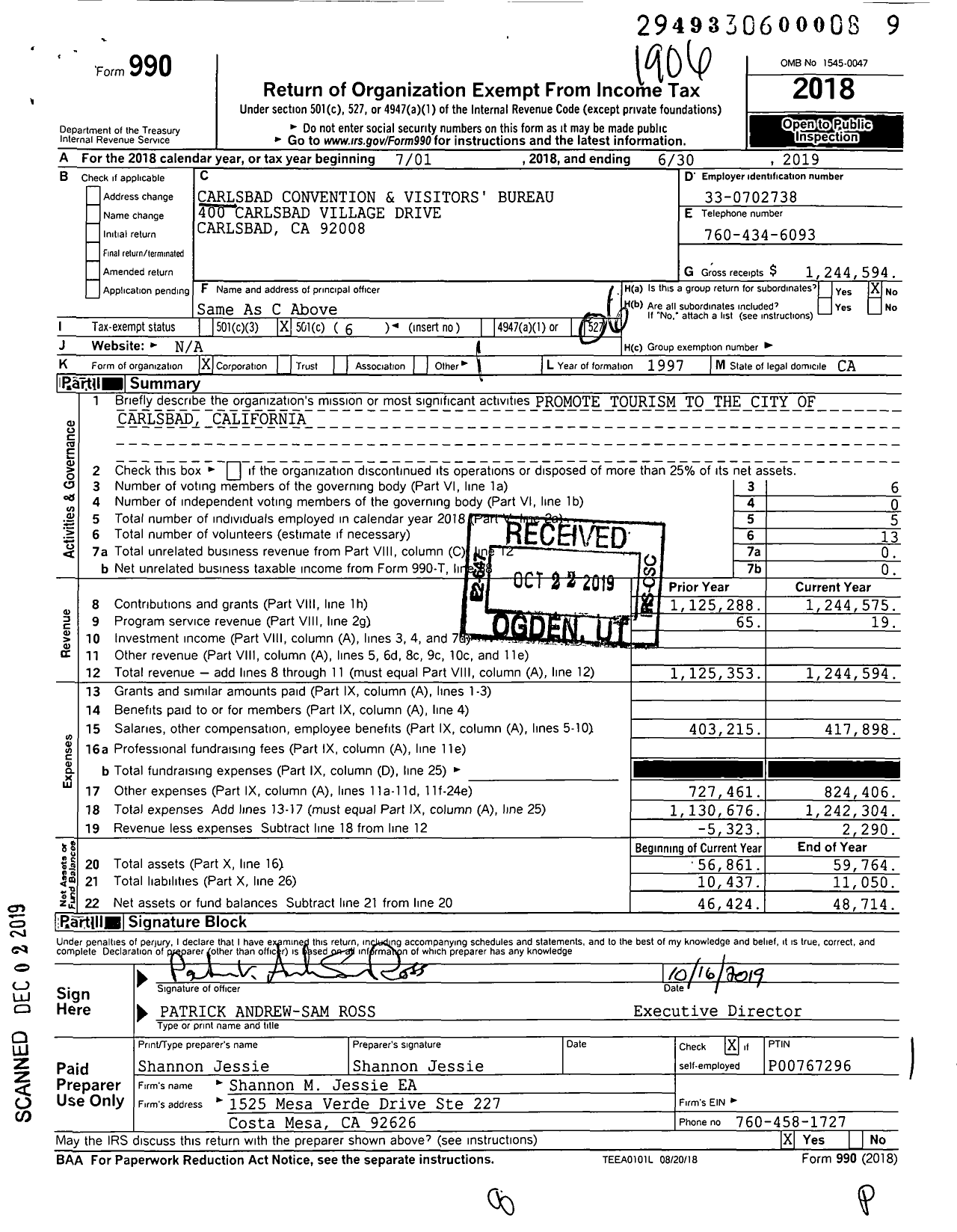 Image of first page of 2018 Form 990O for Carlsbad Convention and Visitors Bureau