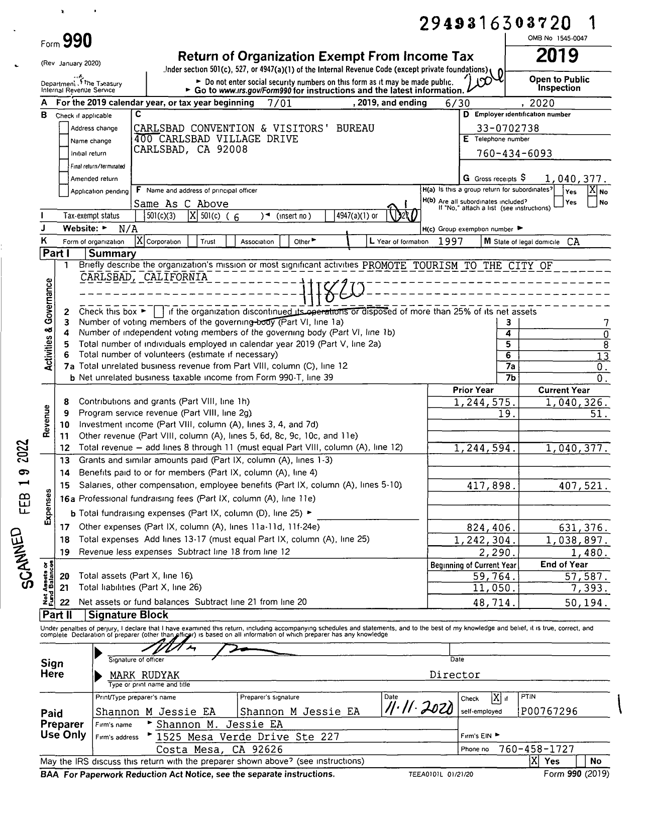 Image of first page of 2019 Form 990O for Carlsbad Convention and Visitors Bureau