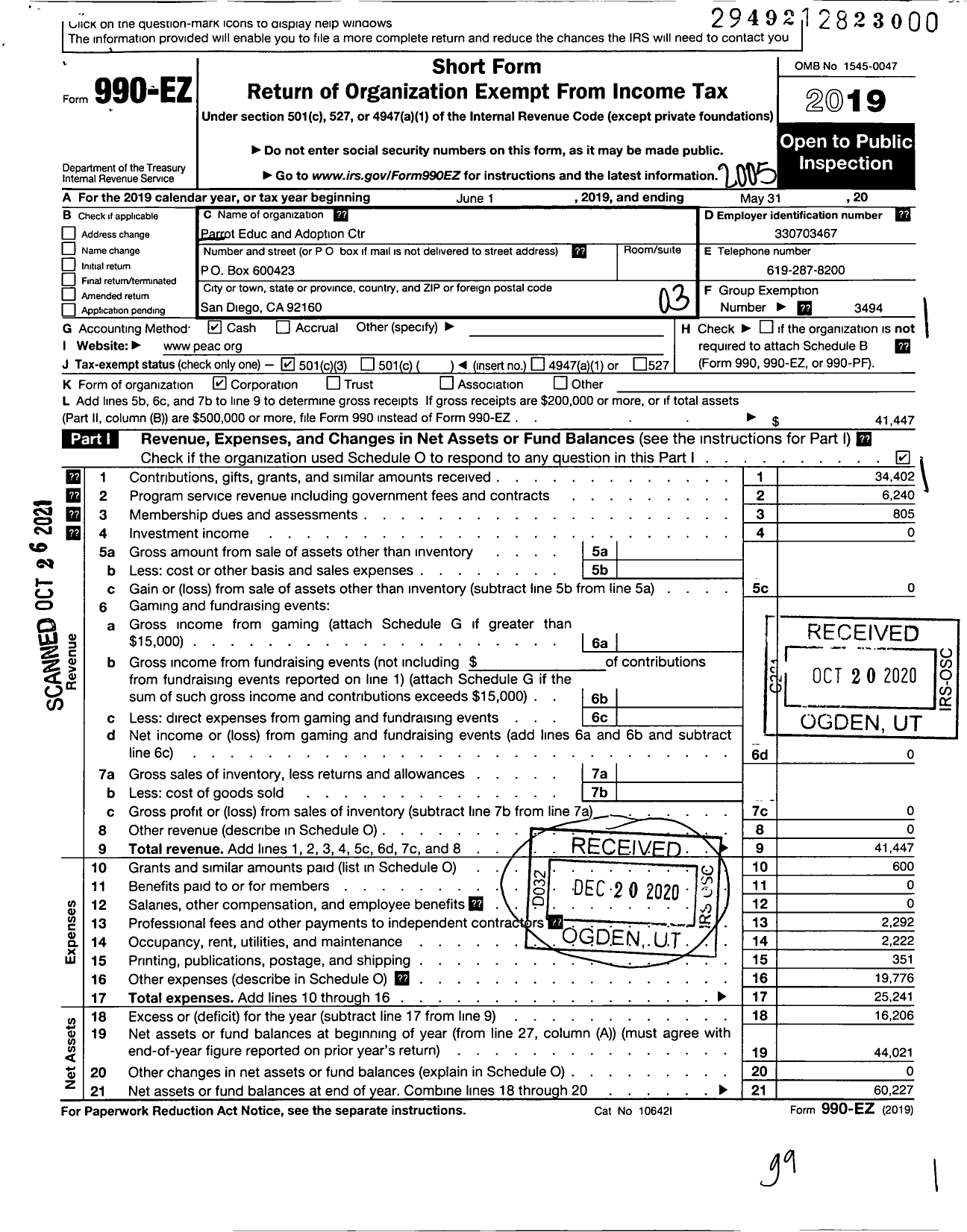 Image of first page of 2019 Form 990EZ for Parrot Educ and Adoption Center