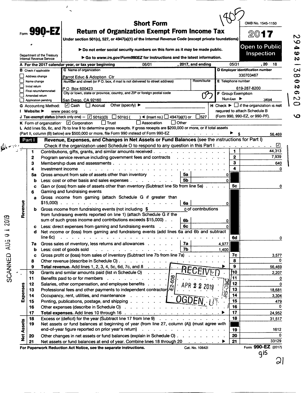 Image of first page of 2017 Form 990EZ for Parrot Educ and Adoption Center