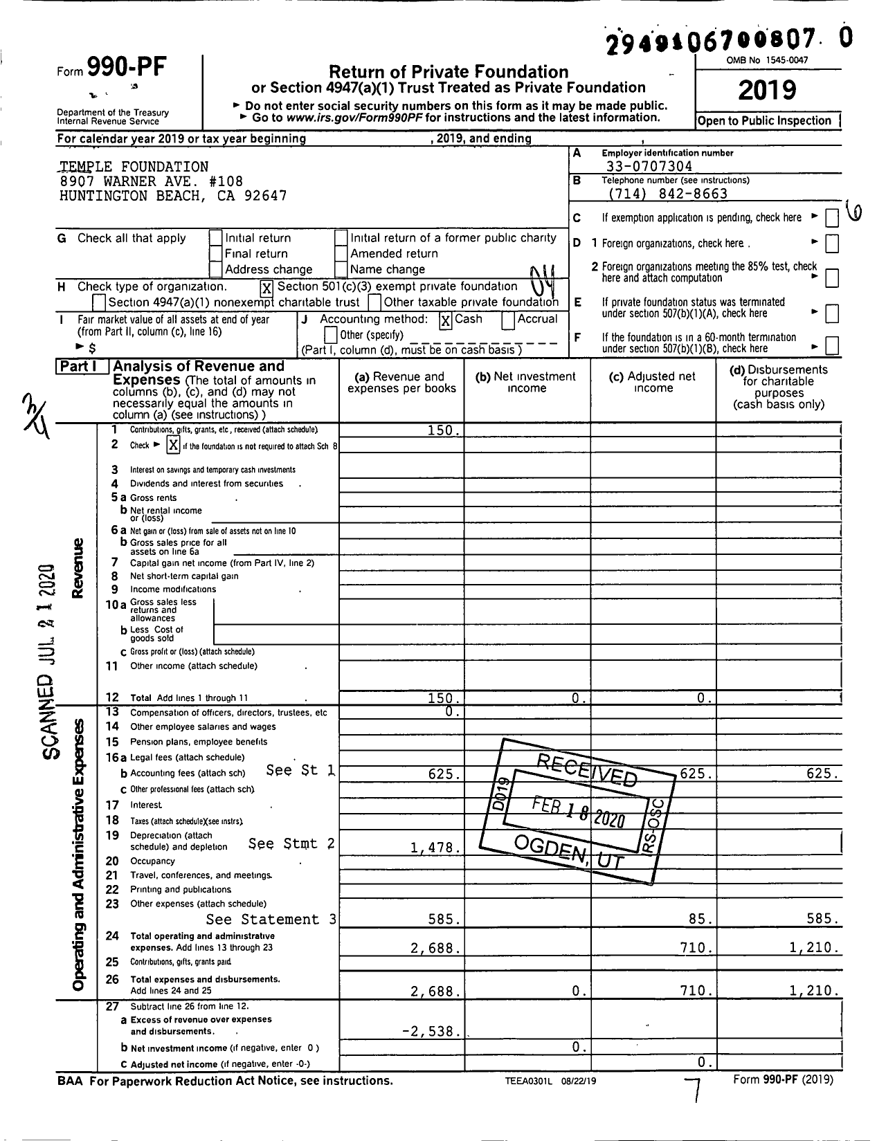 Image of first page of 2019 Form 990PR for Temple Foundation