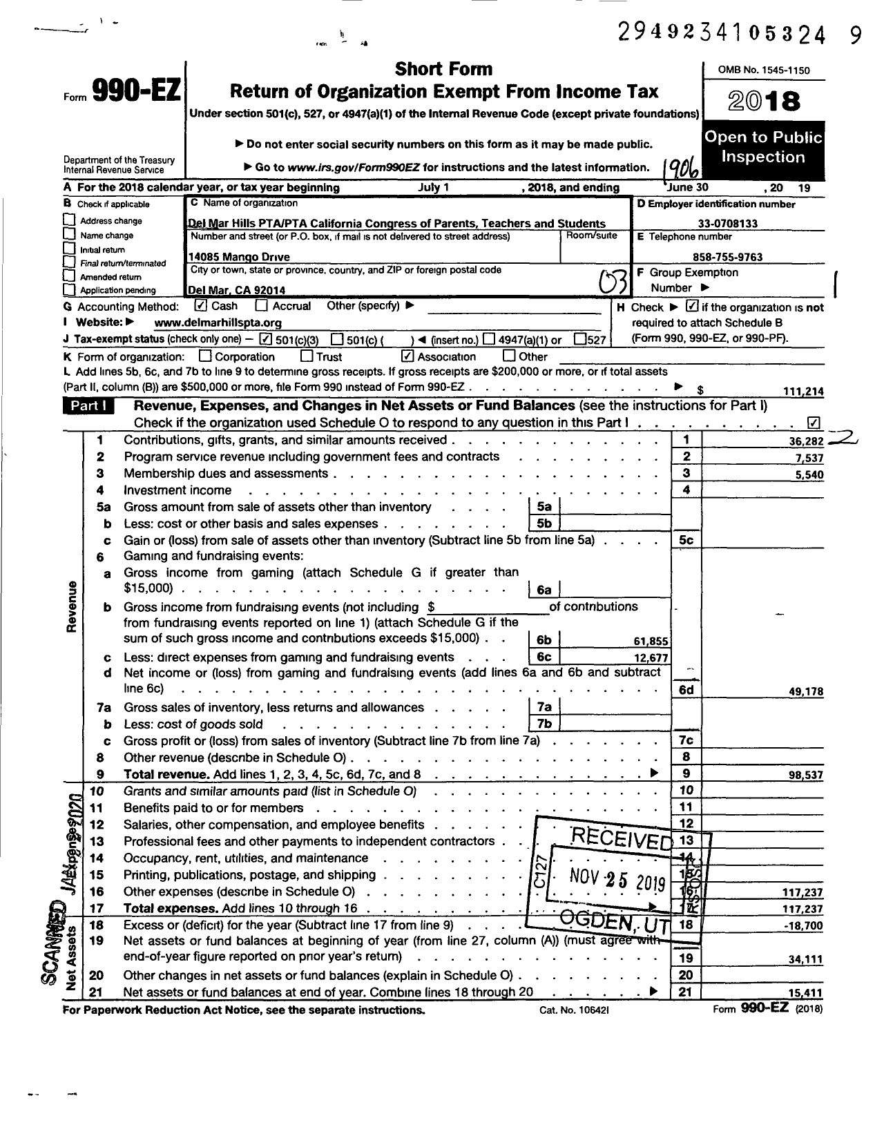 Image of first page of 2018 Form 990EZ for California State PTA - Del Mar Hills Academ of Arts and SC