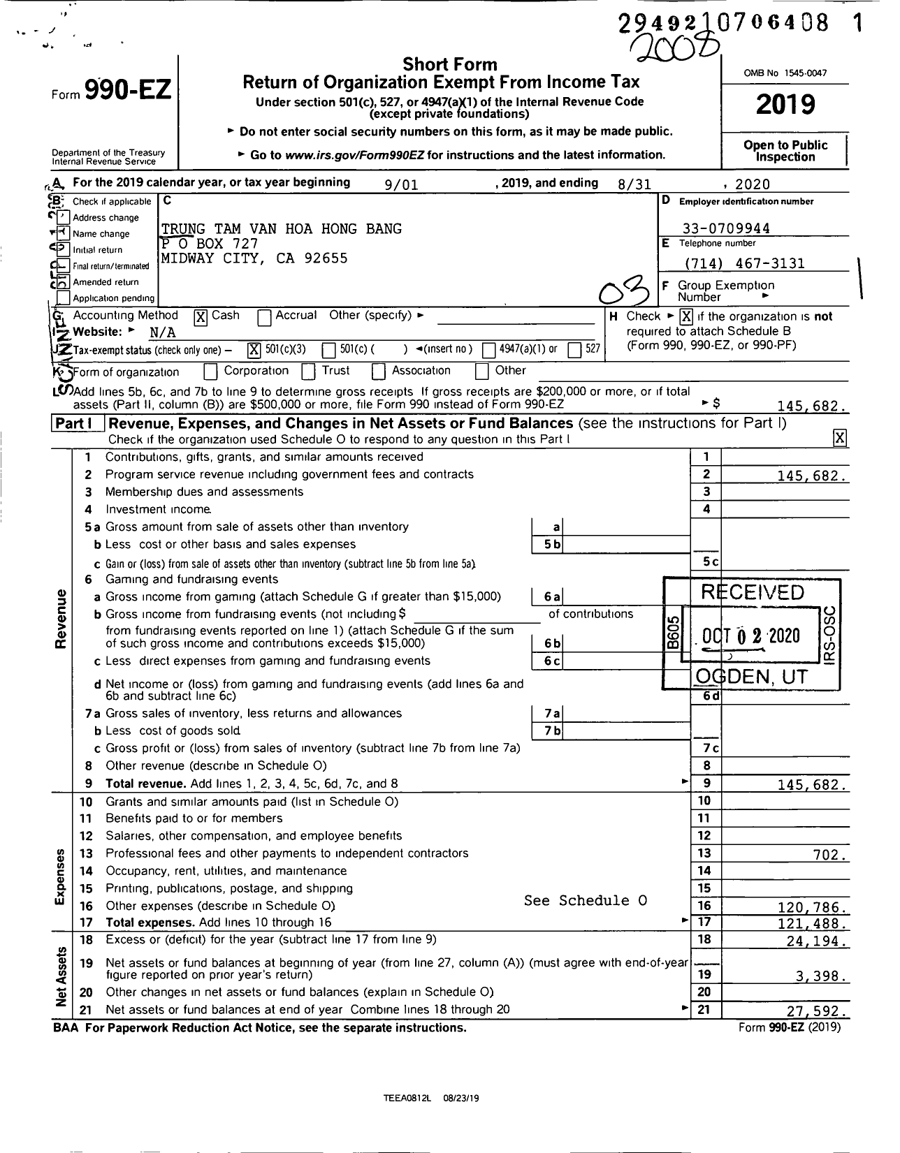 Image of first page of 2019 Form 990EZ for Trung Tam Van Hoa Hong Bang