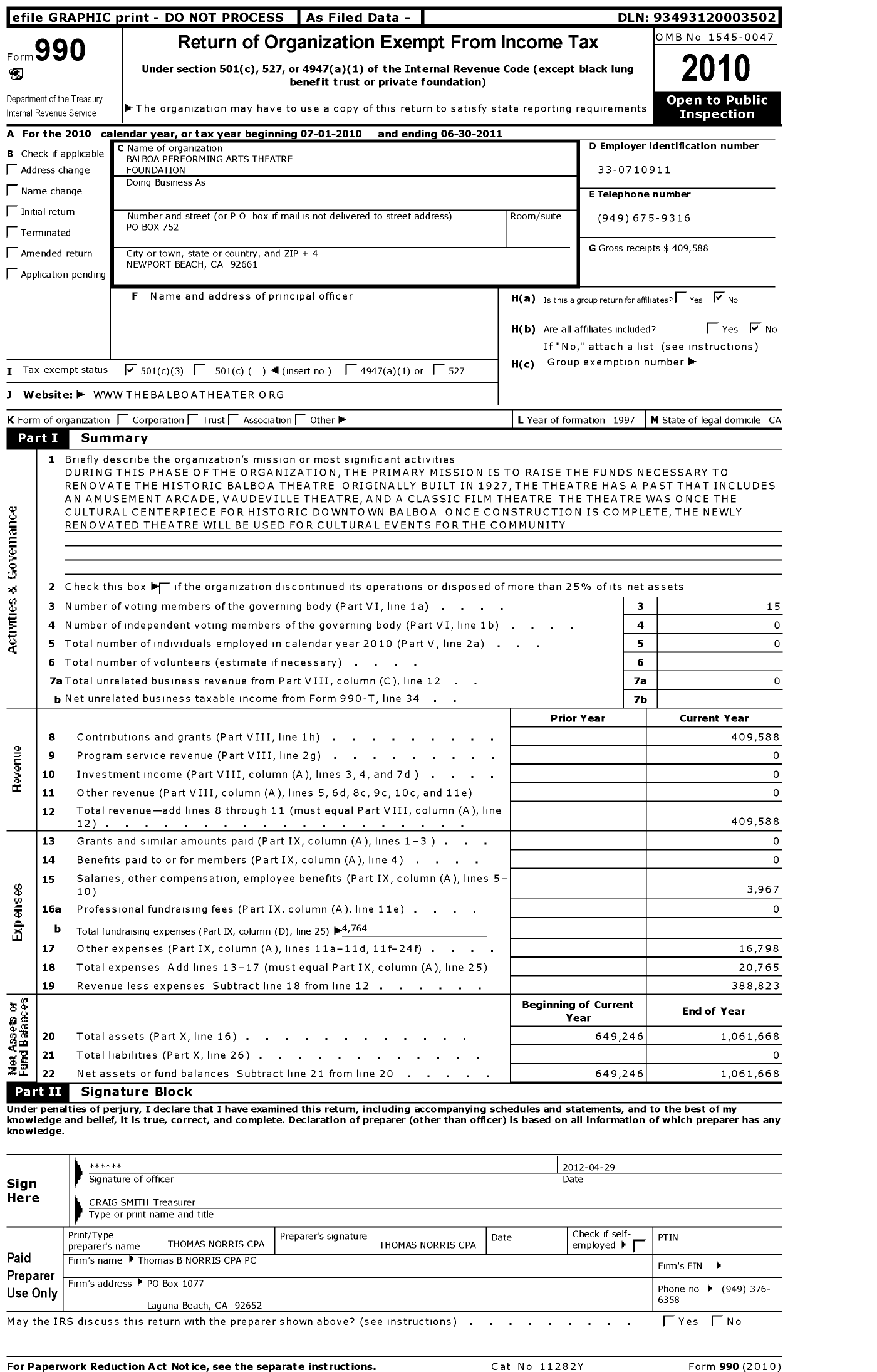 Image of first page of 2010 Form 990 for Balboa Performing Arts Theatre Foundation