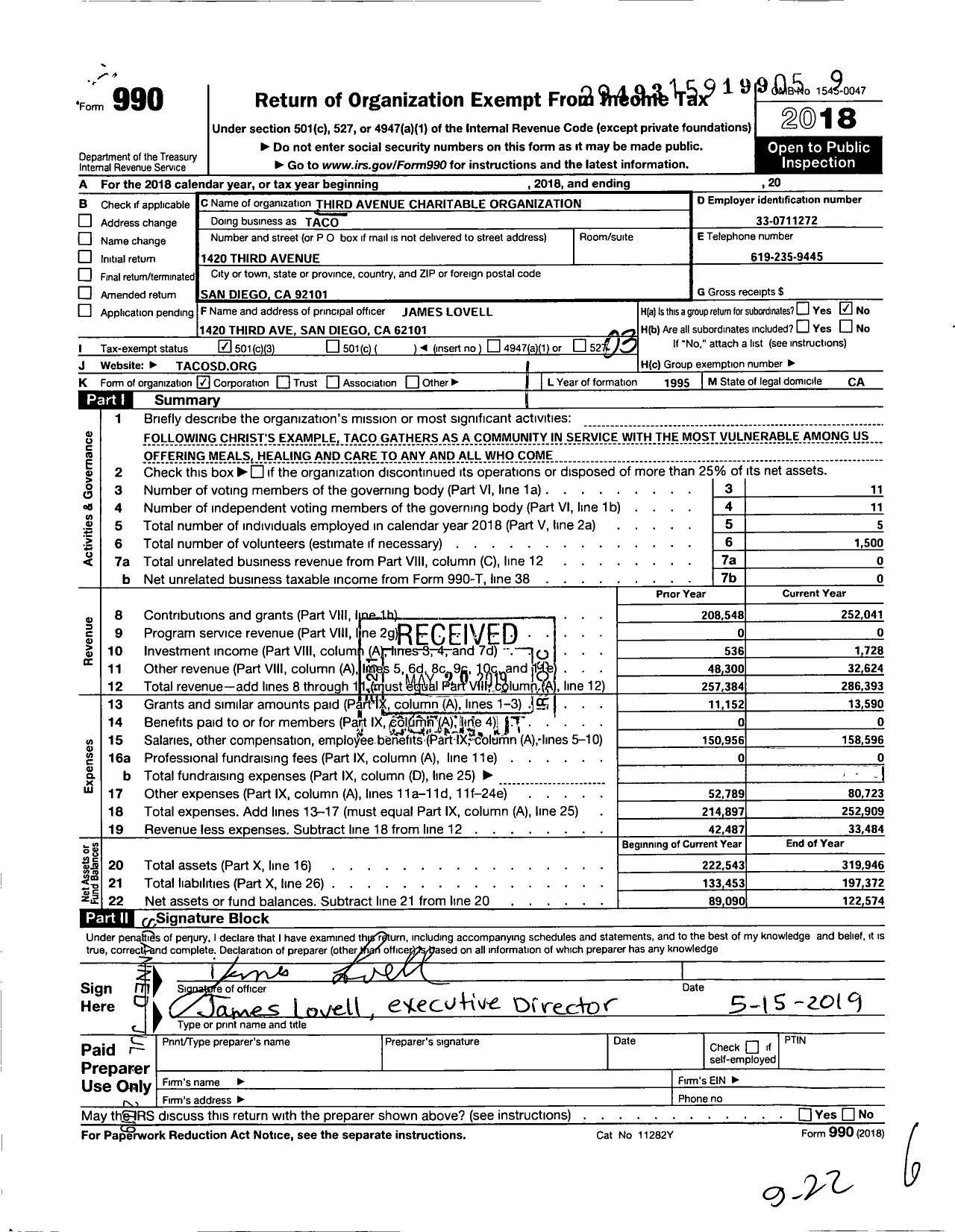 Image of first page of 2018 Form 990 for Third Avenue Charitable Organization (TACO)