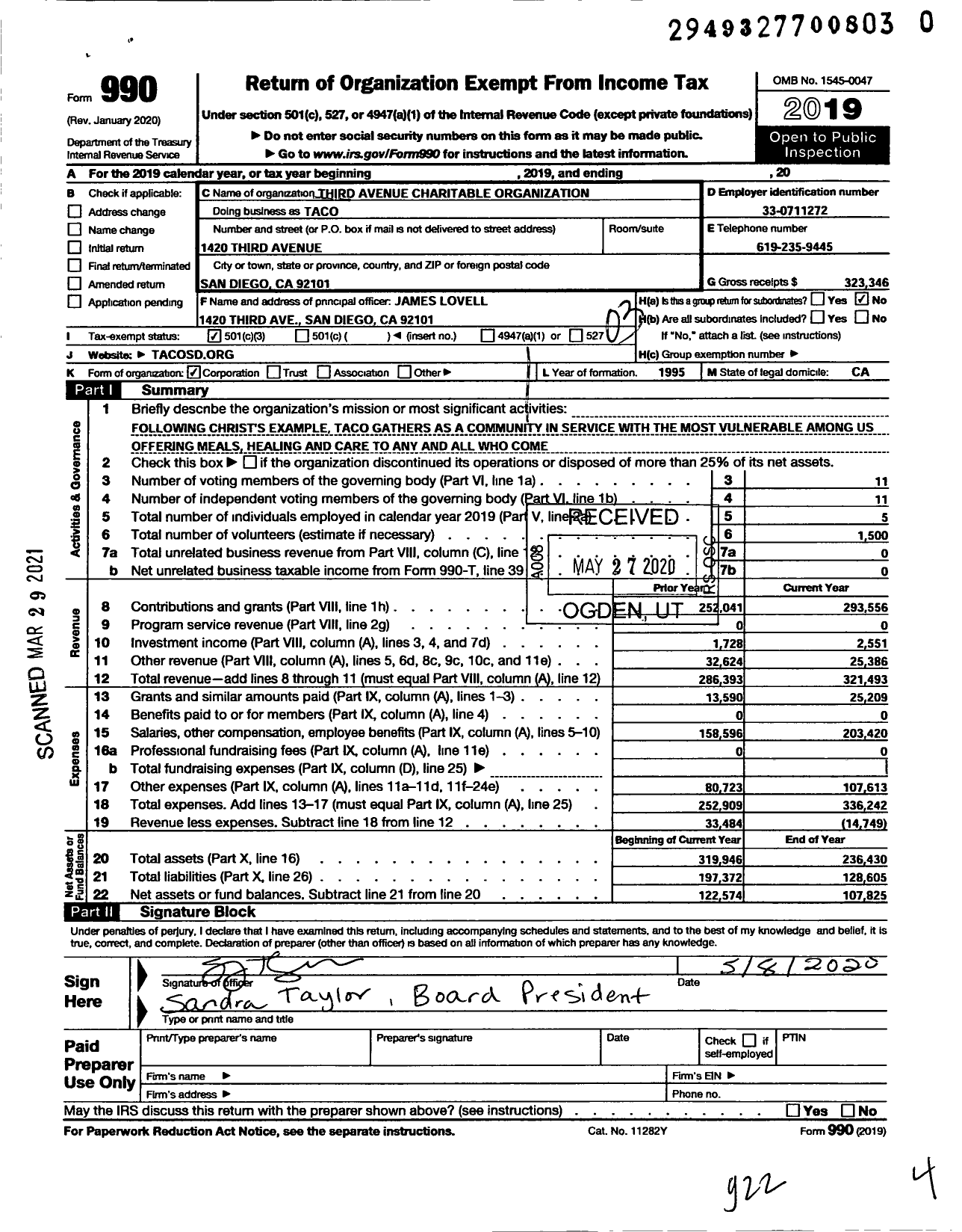 Image of first page of 2019 Form 990 for Third Avenue Charitable Organization (TACO)