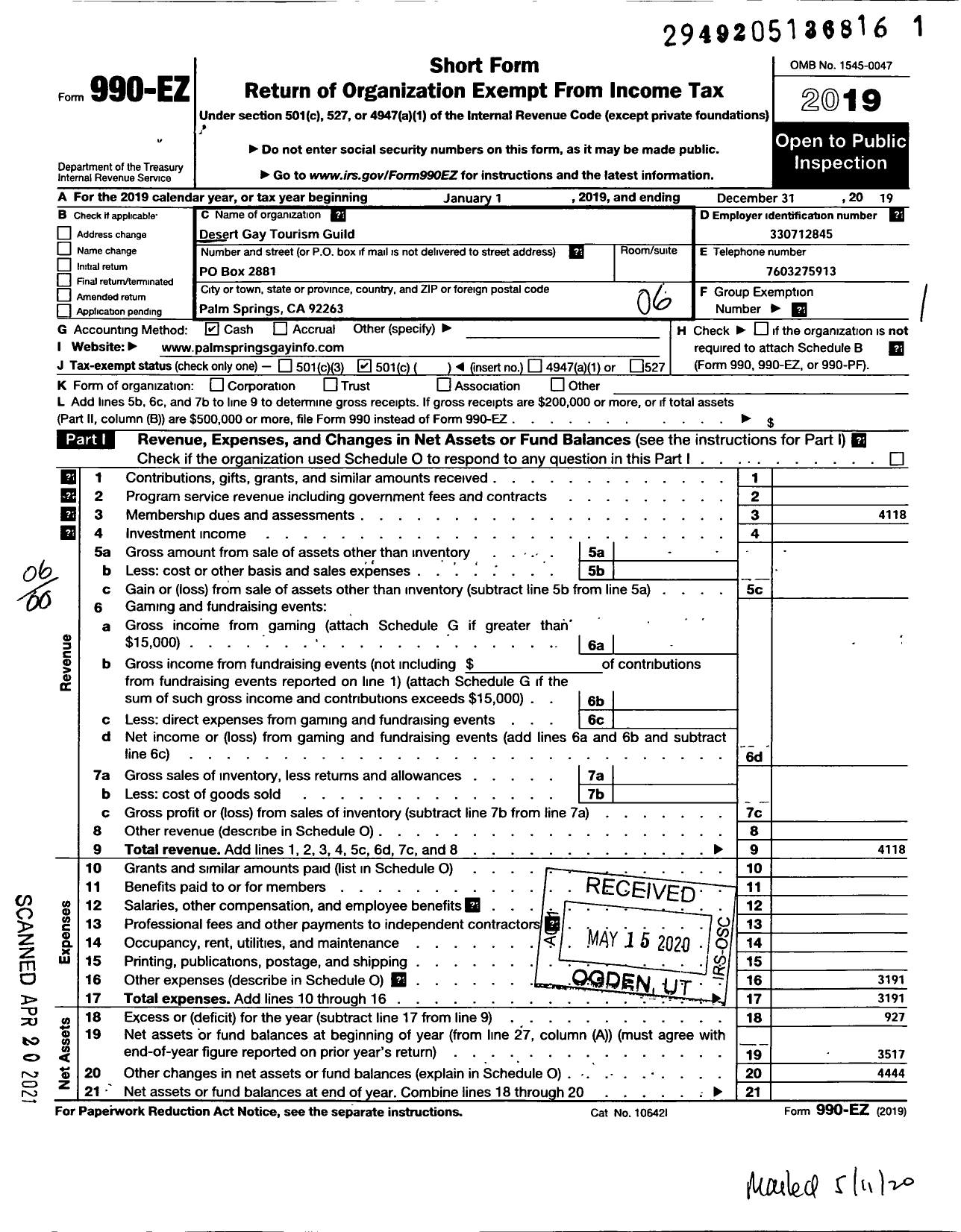 Image of first page of 2019 Form 990EO for Desert Gay Tourism Guild