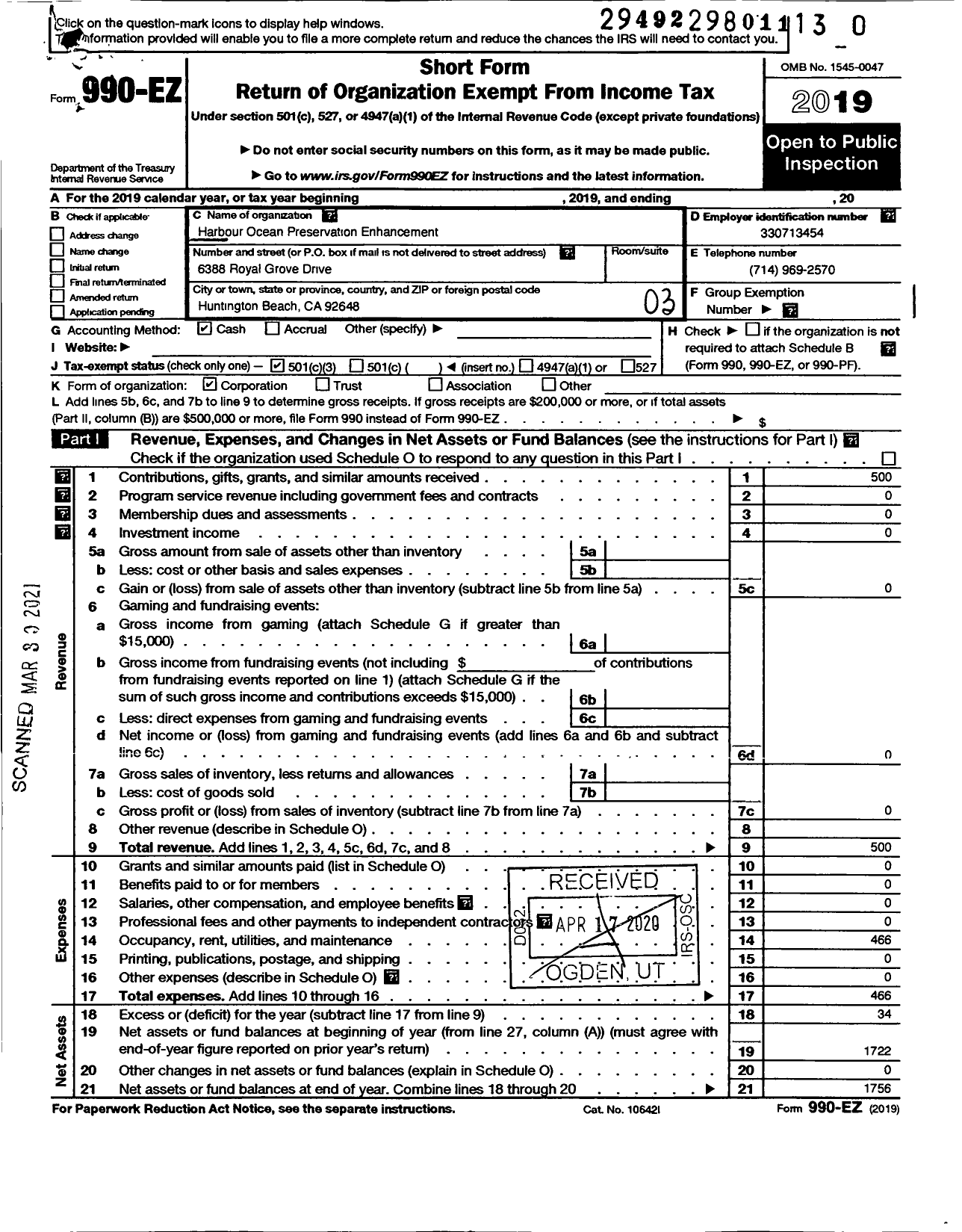 Image of first page of 2019 Form 990EZ for Harbour Ocean Preservation Enhancement