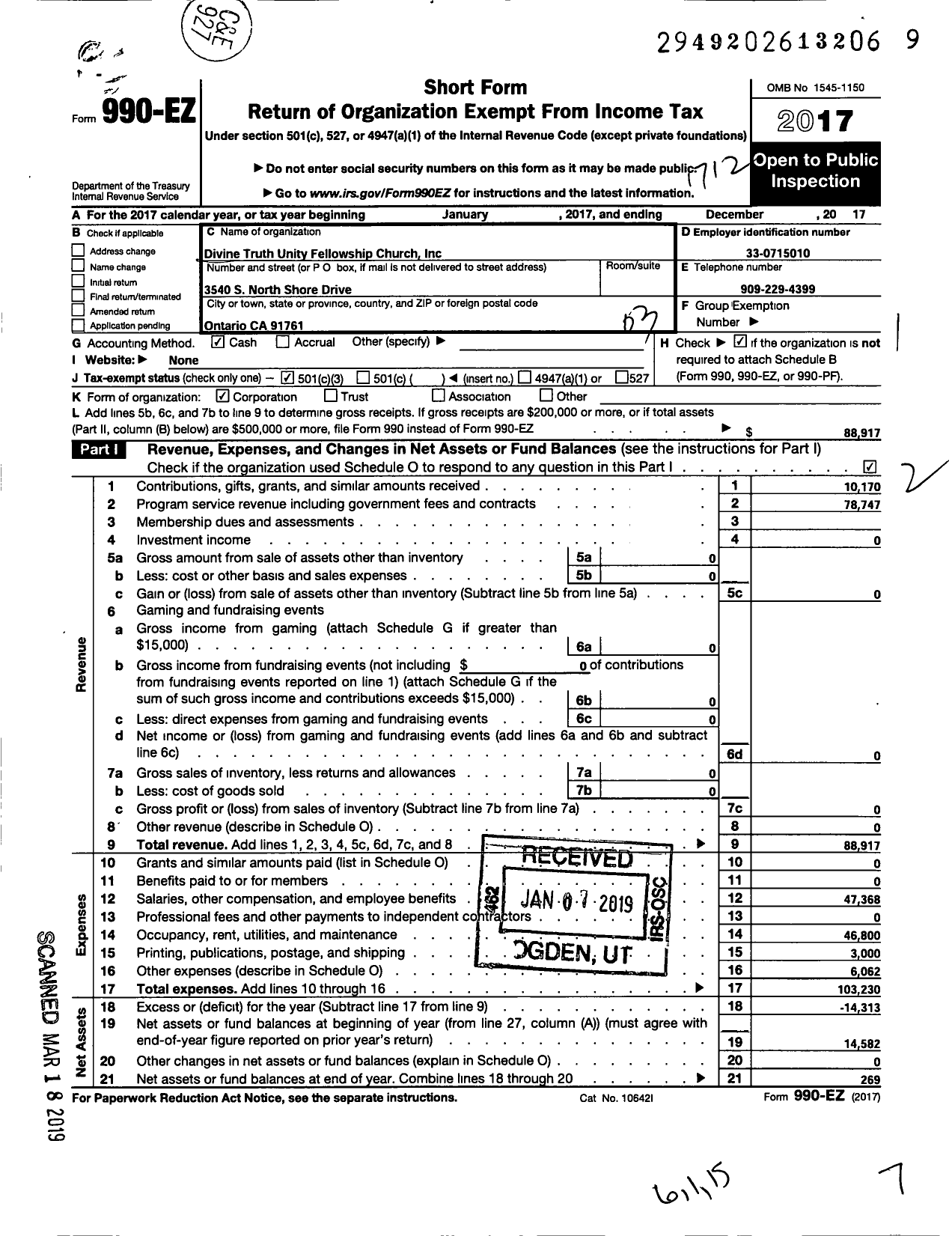 Image of first page of 2017 Form 990EZ for Unity Fellowship Social Justice Ministries Rainbow Pride Youth Alliance