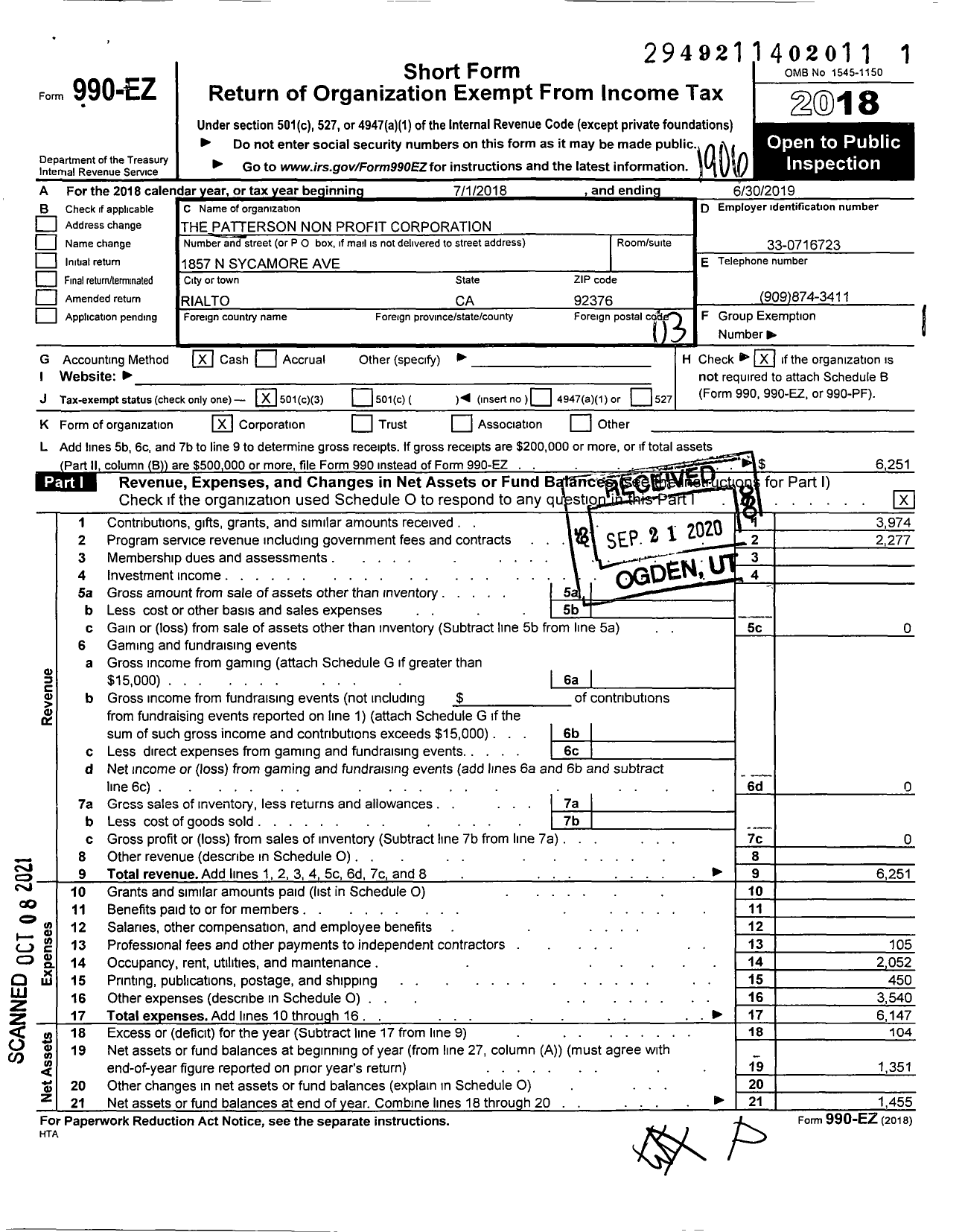 Image of first page of 2018 Form 990EZ for Patterson Nonprofit Corporation