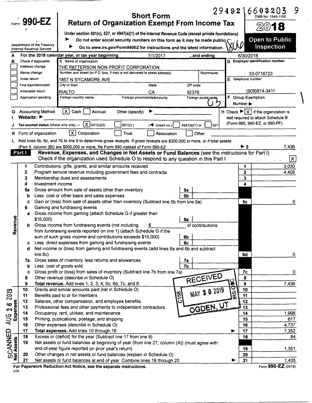 Image of first page of 2017 Form 990EZ for Patterson Nonprofit Corporation