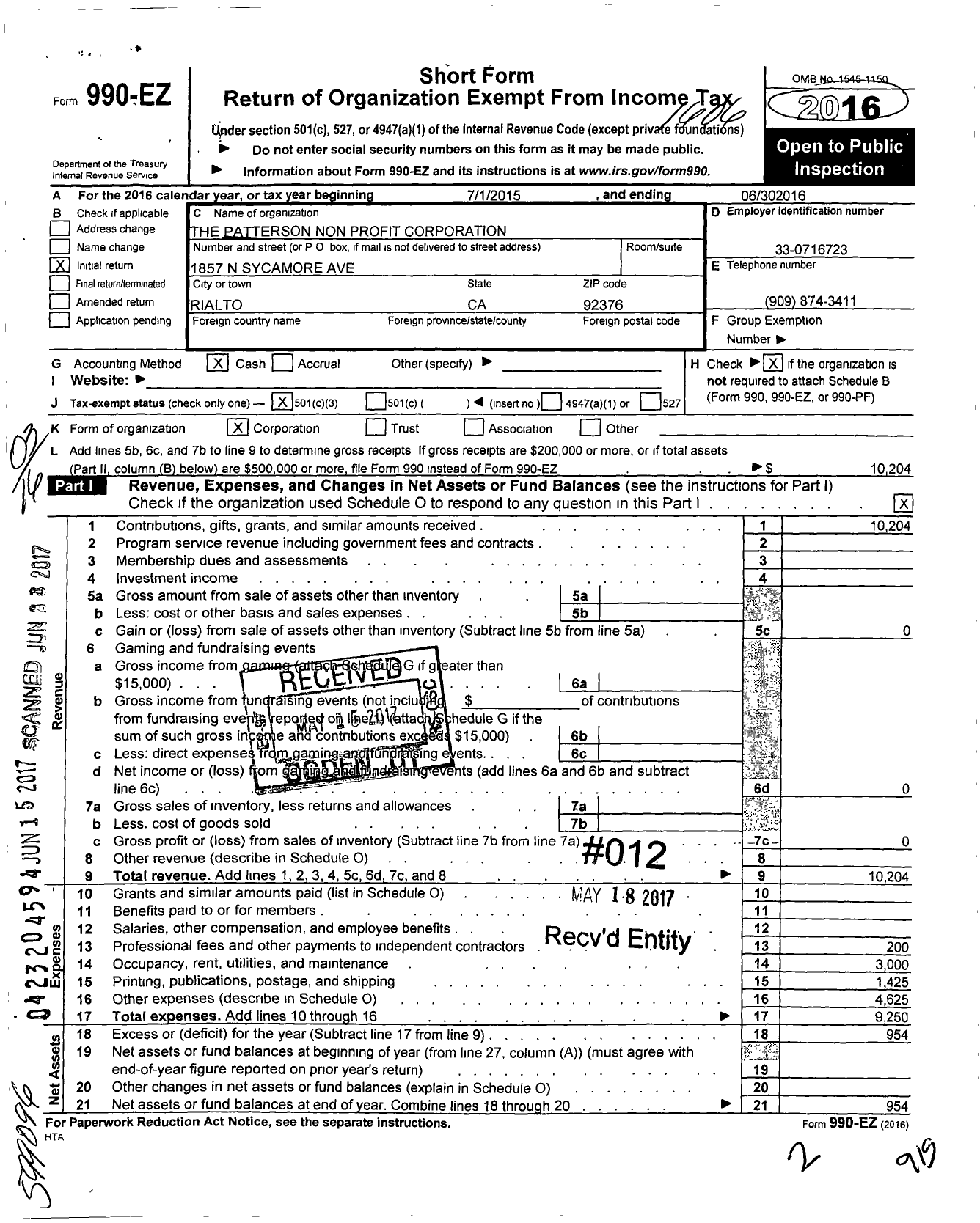 Image of first page of 2015 Form 990EZ for Patterson Nonprofit Corporation