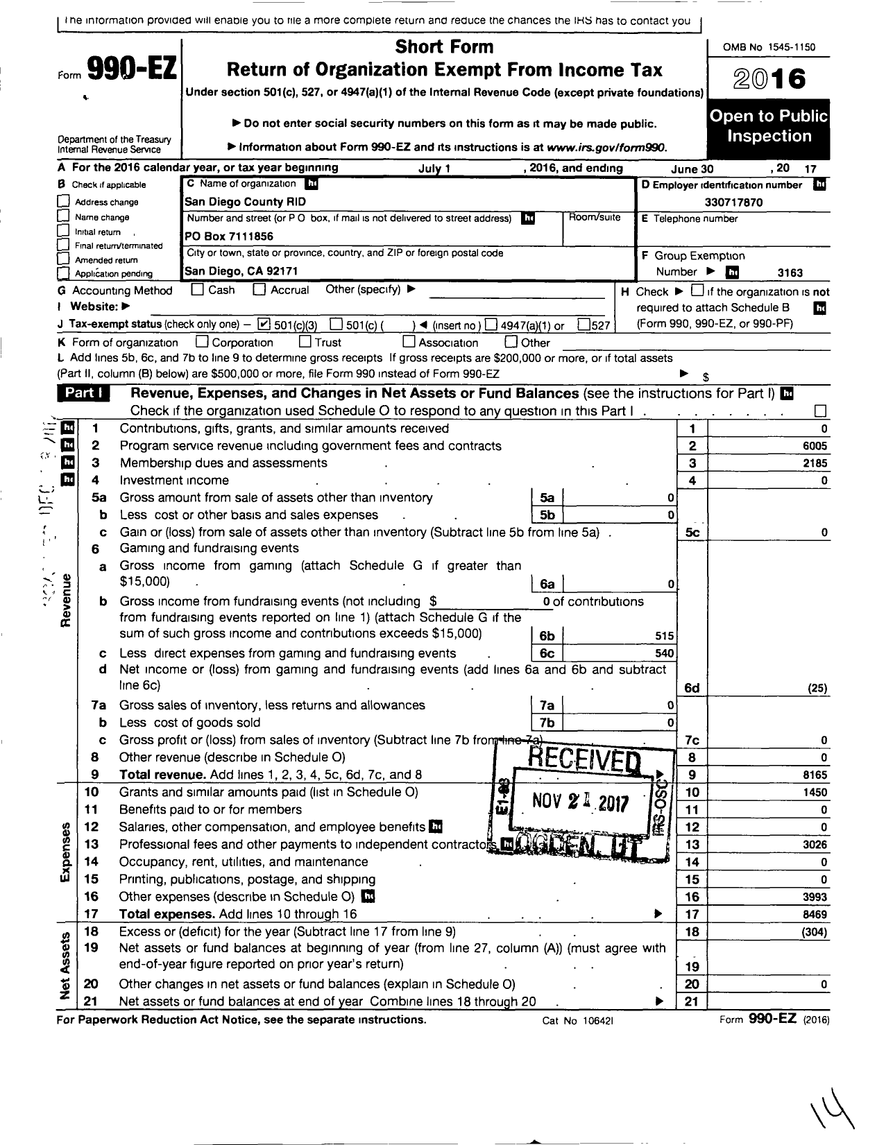 Image of first page of 2016 Form 990EZ for Registry of Interpreters for the Deaf / San Diego County Rid