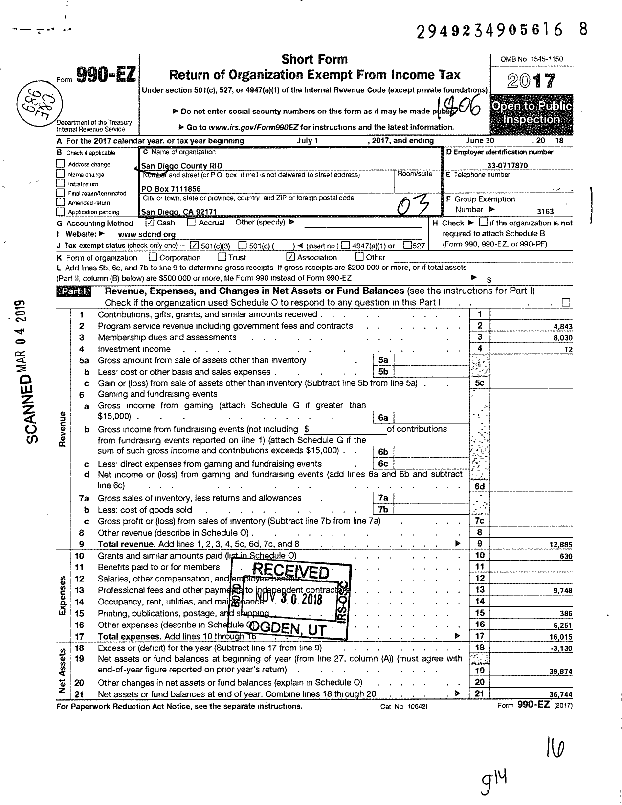 Image of first page of 2017 Form 990EZ for Registry of Interpreters for the Deaf / San Diego County Rid