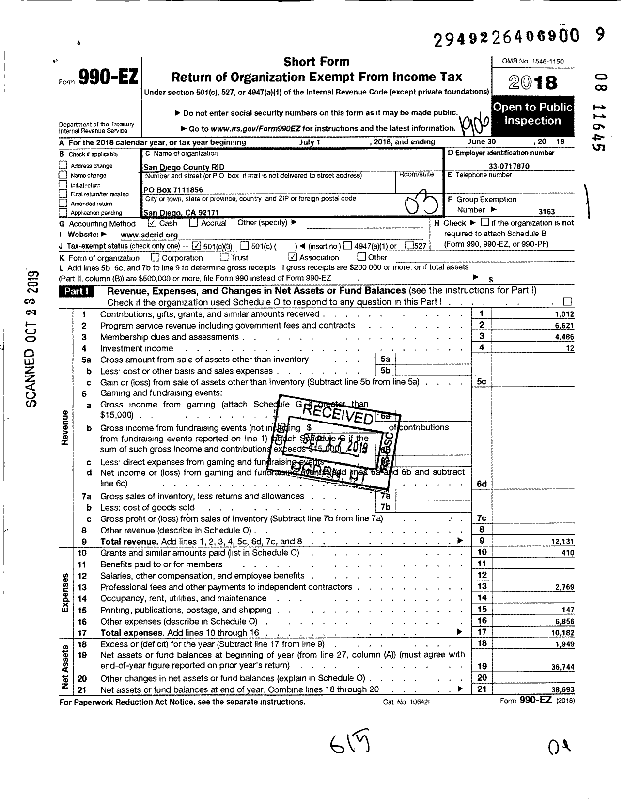 Image of first page of 2018 Form 990EZ for Registry of Interpreters for the Deaf / San Diego County Rid