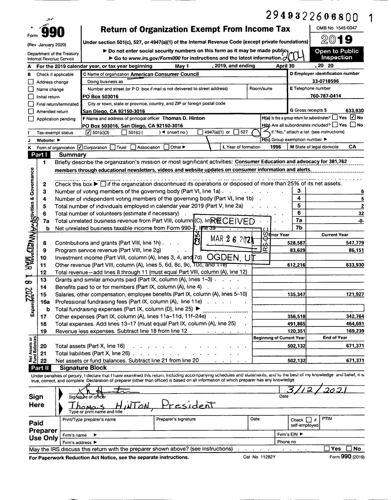 Image of first page of 2019 Form 990 for American Consumer Council