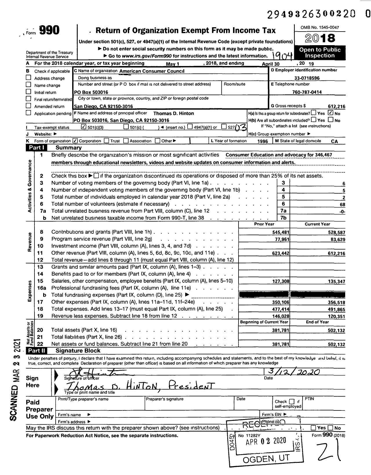 Image of first page of 2018 Form 990 for American Consumer Council