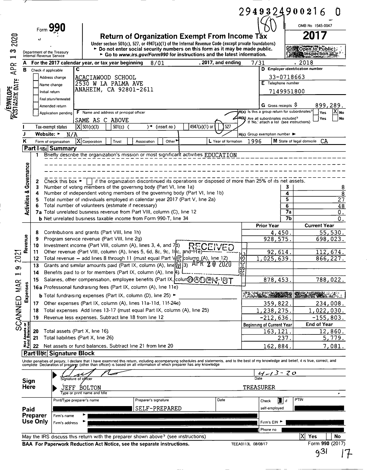 Image of first page of 2017 Form 990 for Acaciawood School