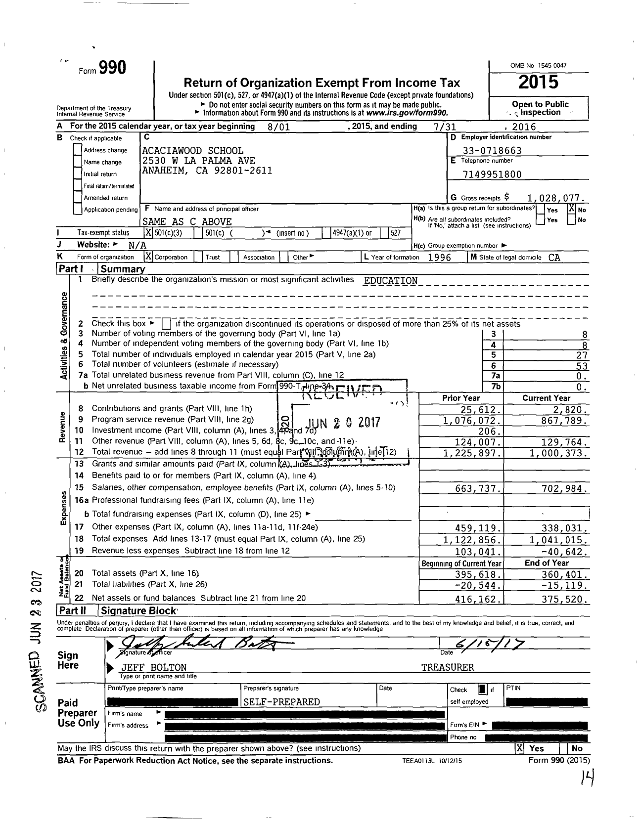 Image of first page of 2015 Form 990 for Acaciawood School