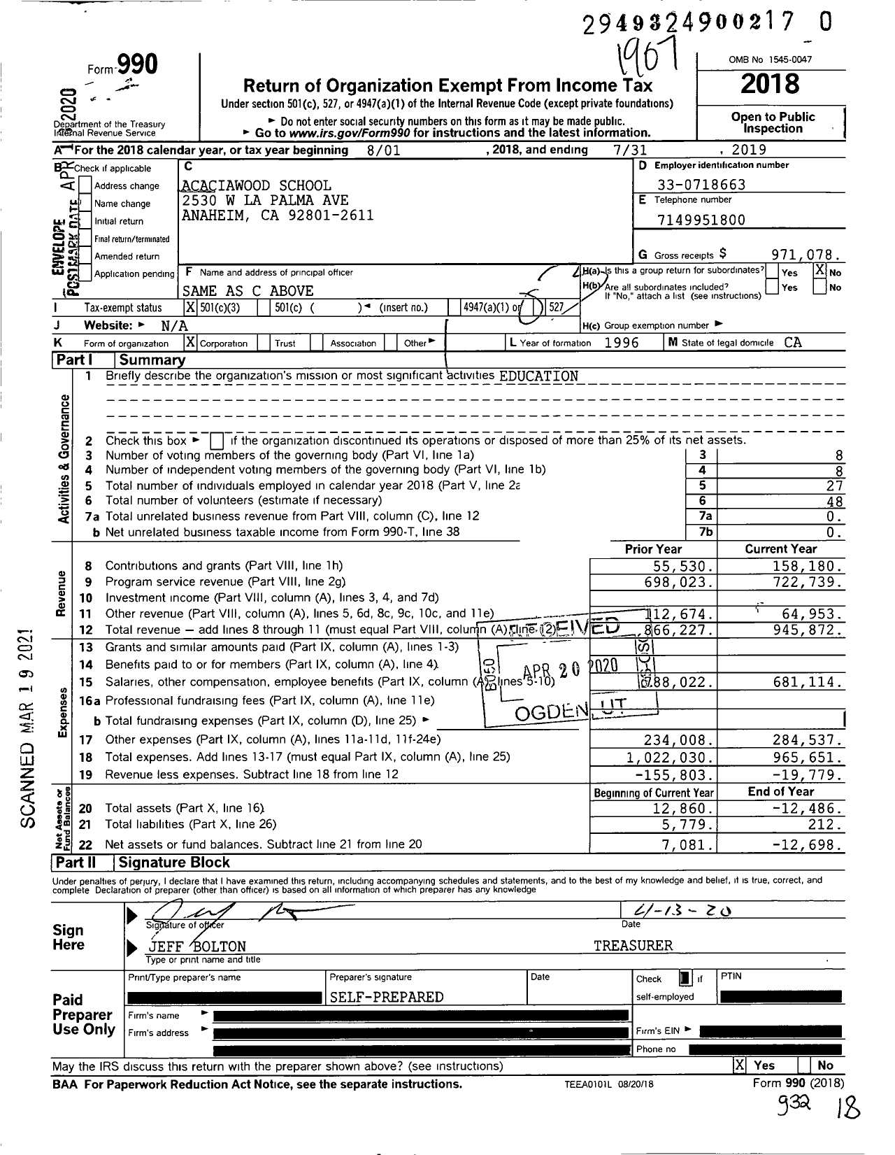 Image of first page of 2018 Form 990 for Acaciawood School