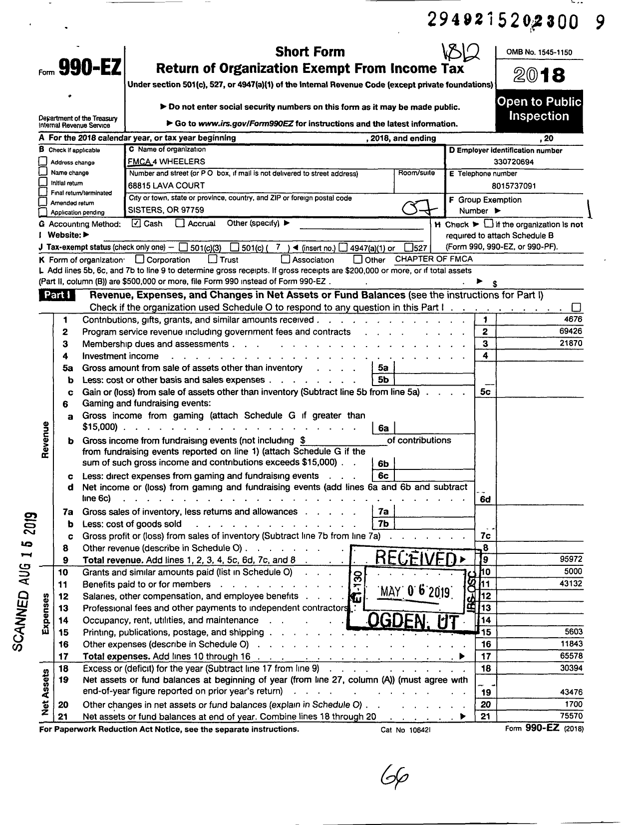 Image of first page of 2018 Form 990EO for Family Motor Coach Association - 4 Wheelers