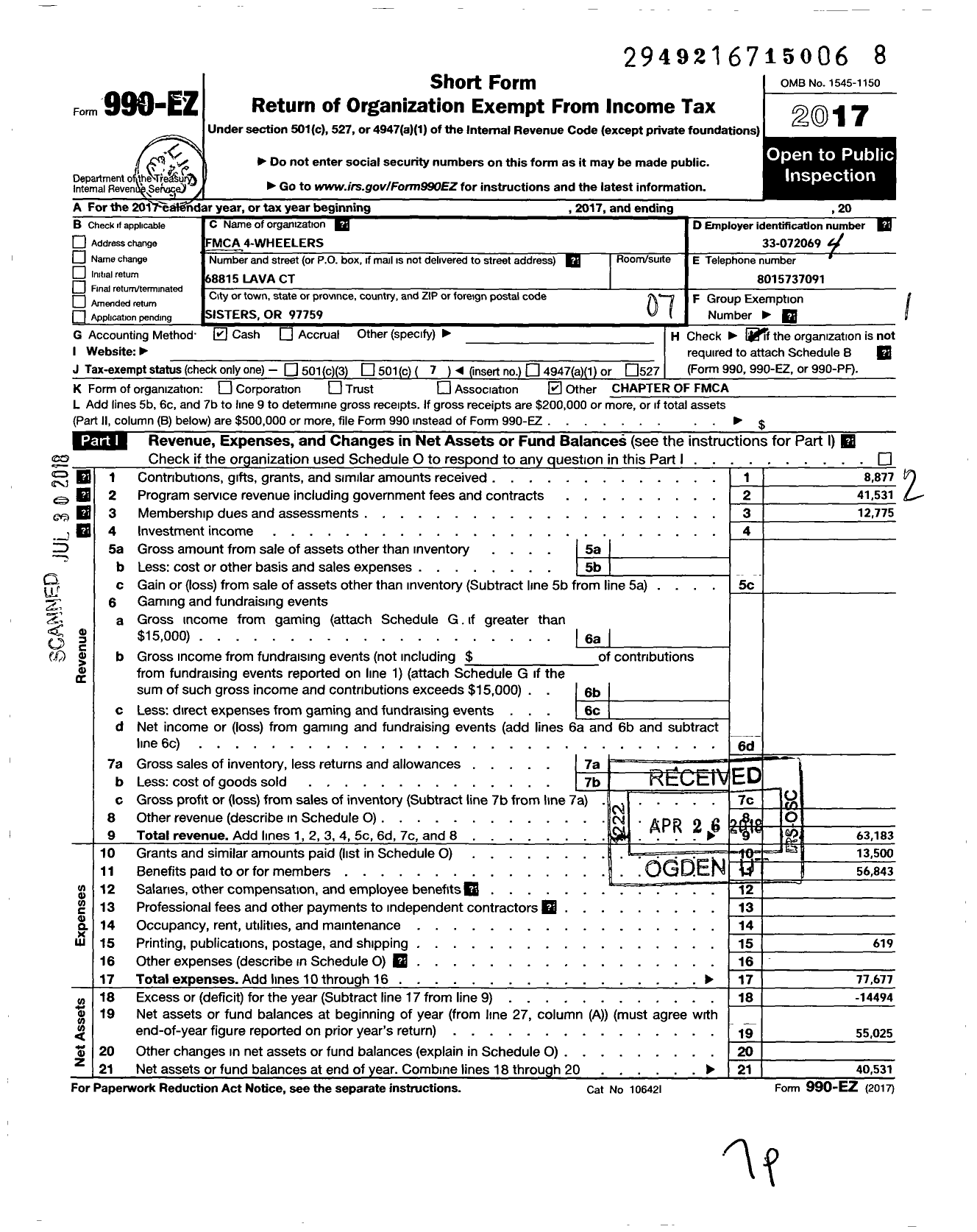 Image of first page of 2017 Form 990EO for Family Motor Coach Association - 4 Wheelers