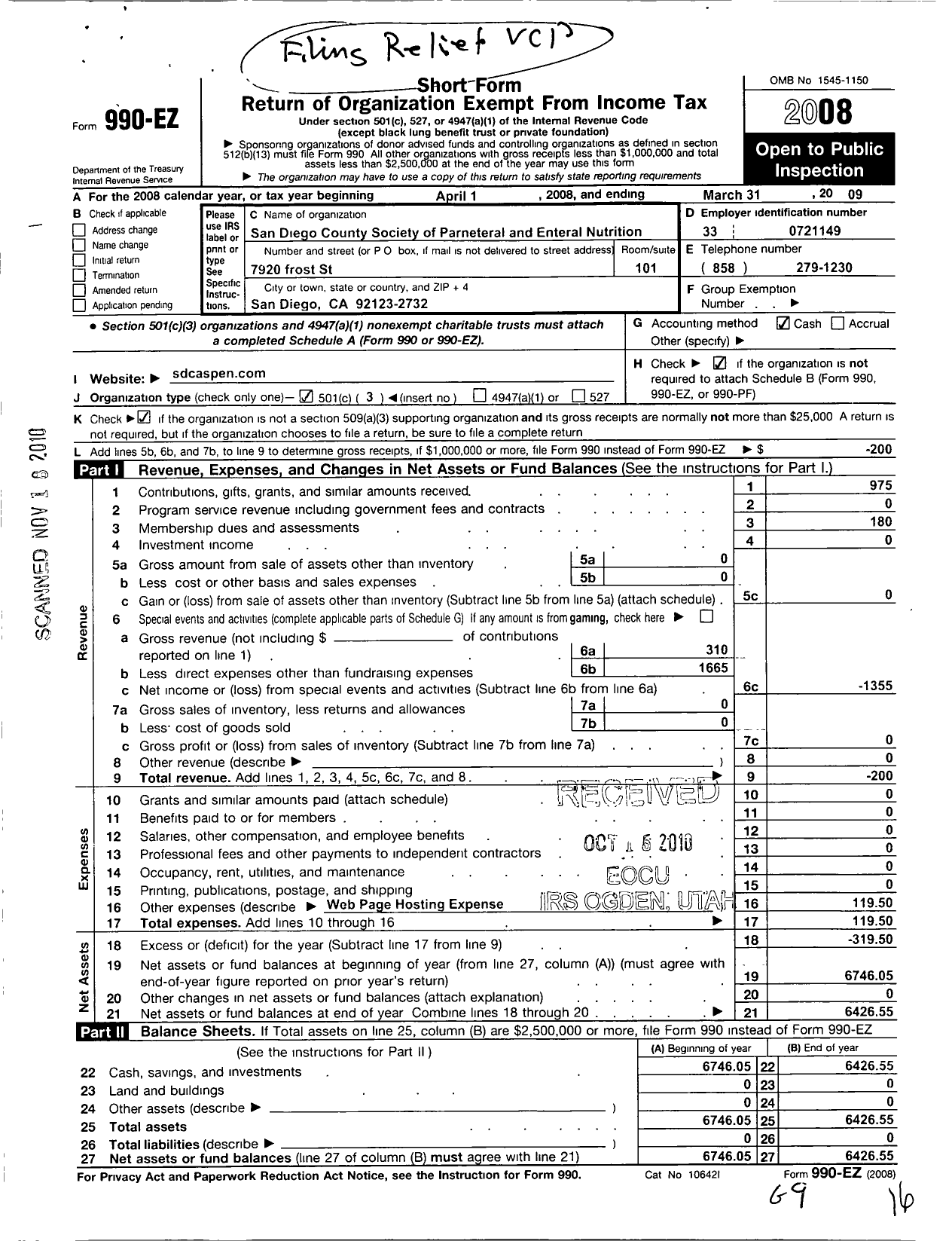 Image of first page of 2008 Form 990EZ for San Diego County Society of Parenteral and Enteral Nutrition