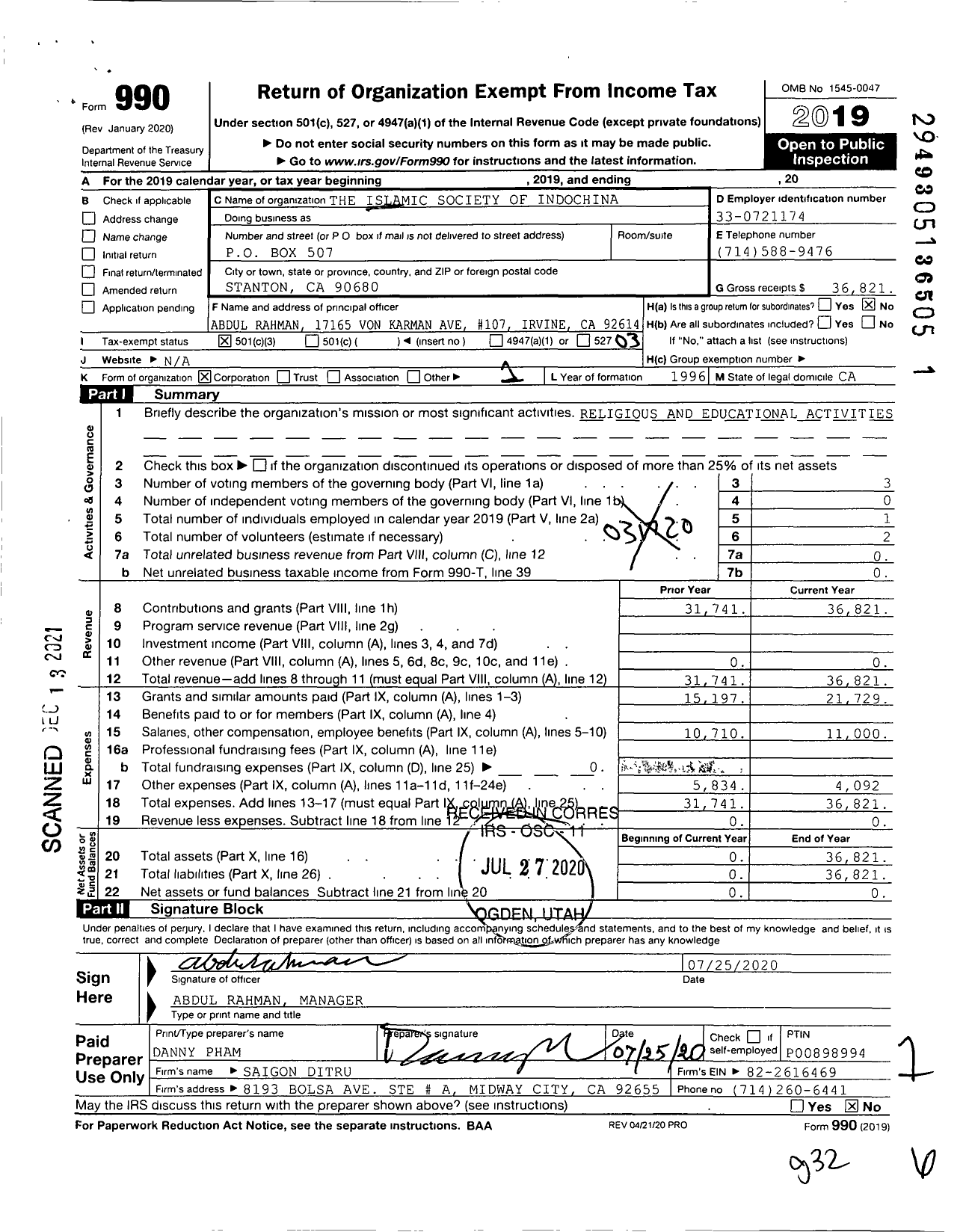 Image of first page of 2019 Form 990 for The Islamic Society of Indochina