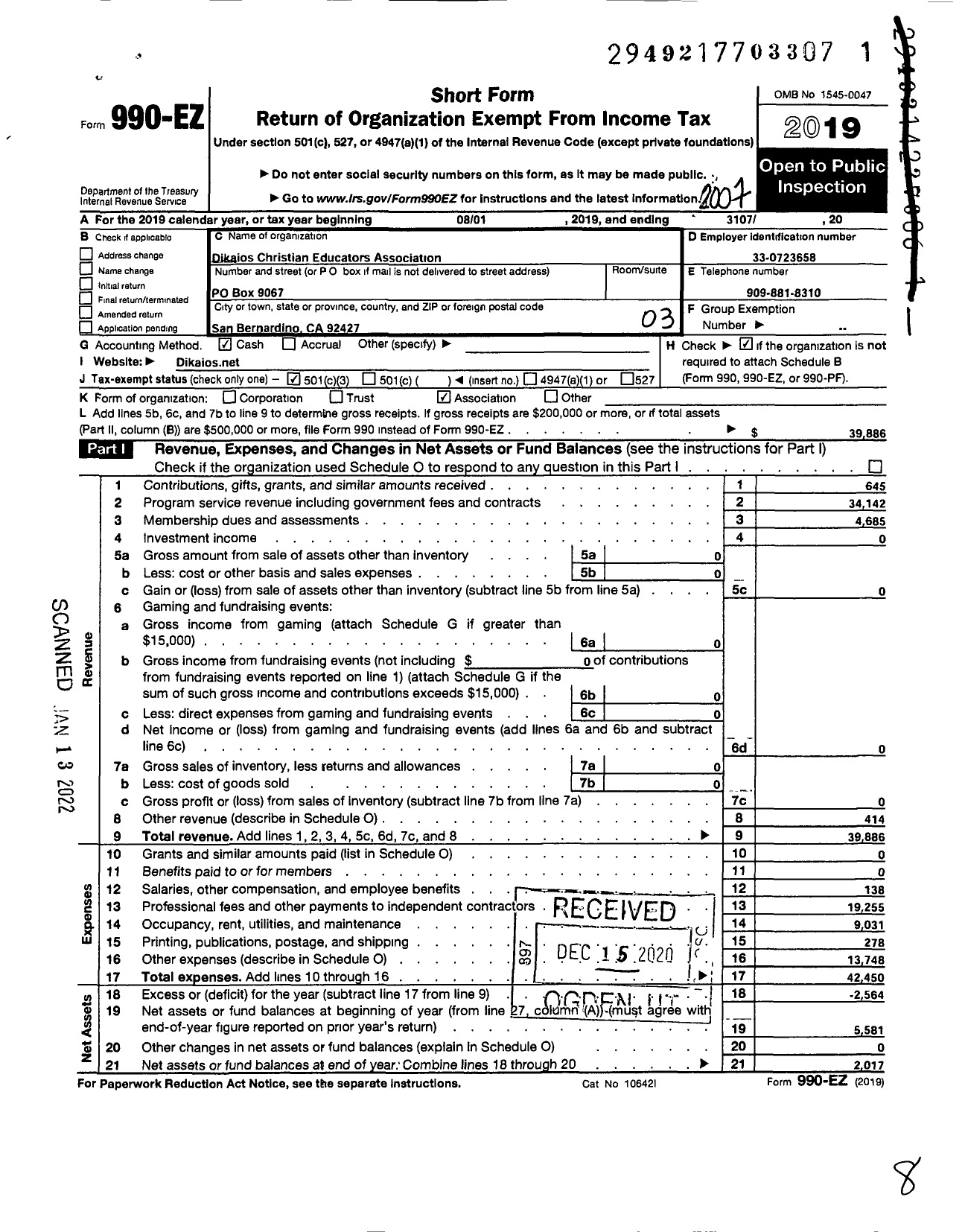 Image of first page of 2019 Form 990EZ for Dikaios Christian Educators Association