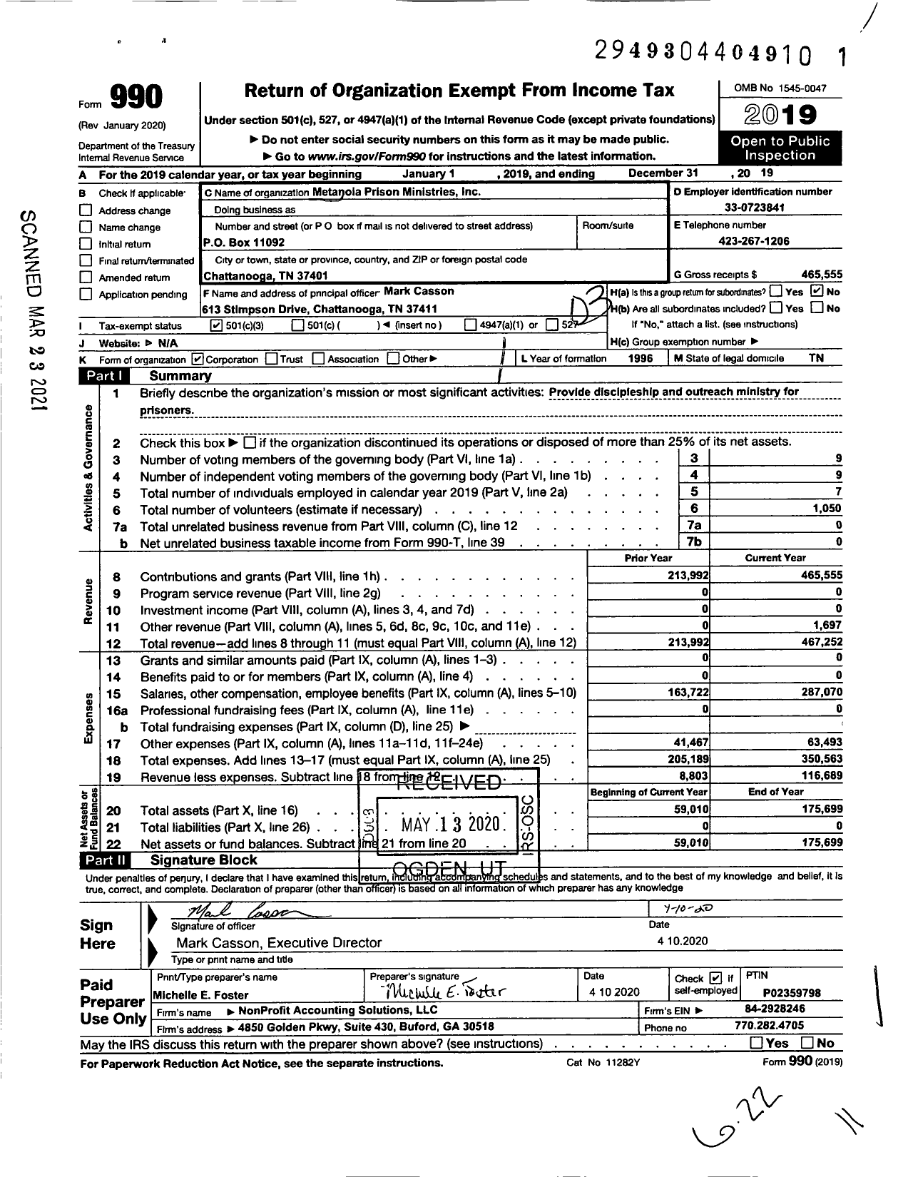 Image of first page of 2019 Form 990 for Metanoia Prison Ministries