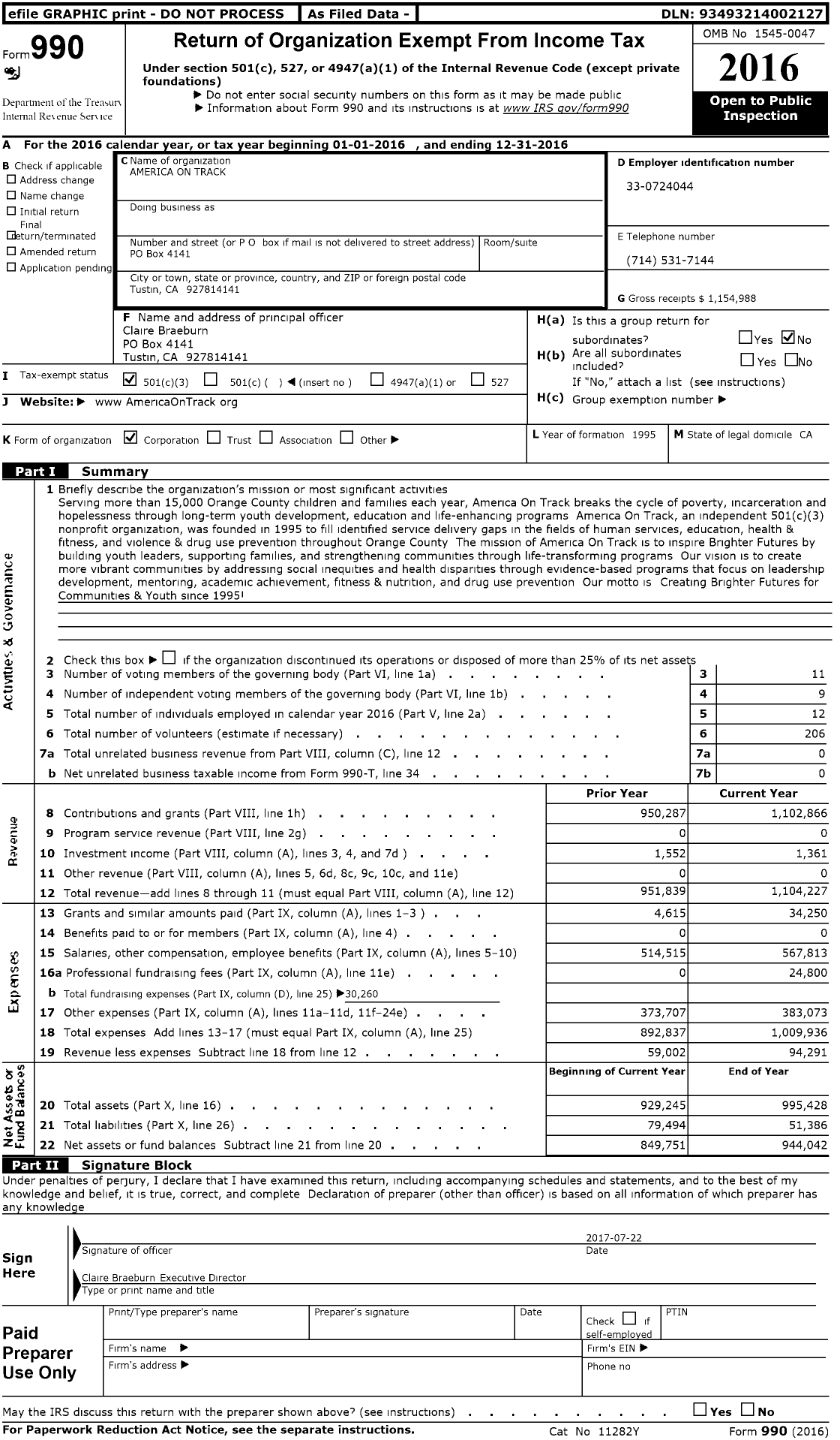 Image of first page of 2016 Form 990 for America on Track