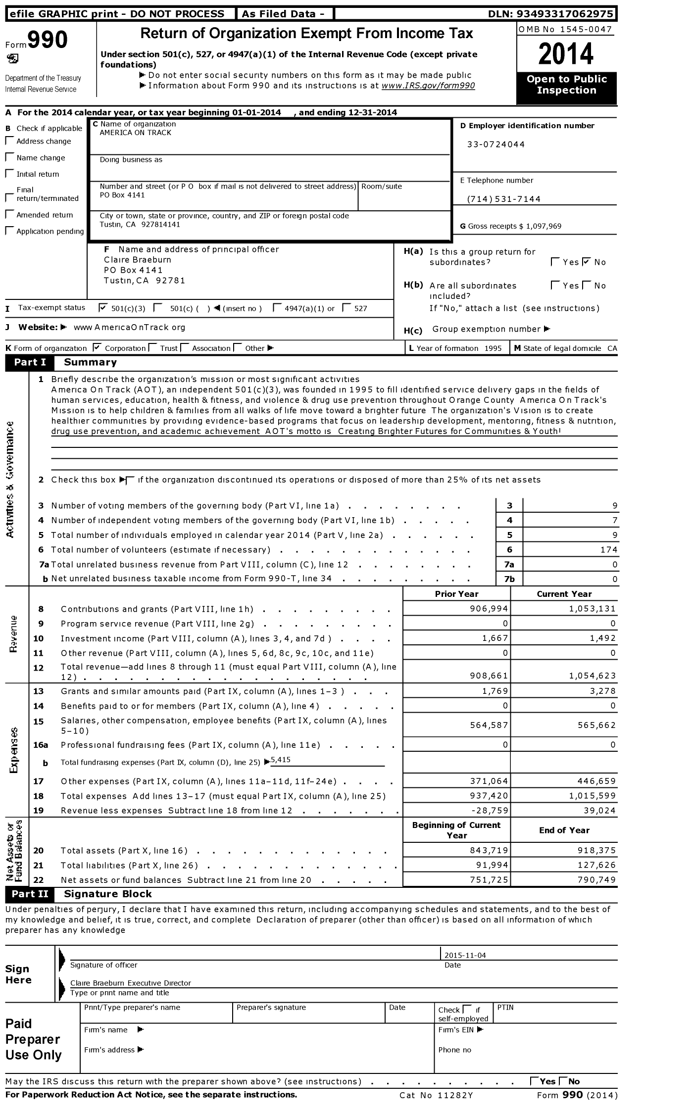 Image of first page of 2014 Form 990 for America on Track