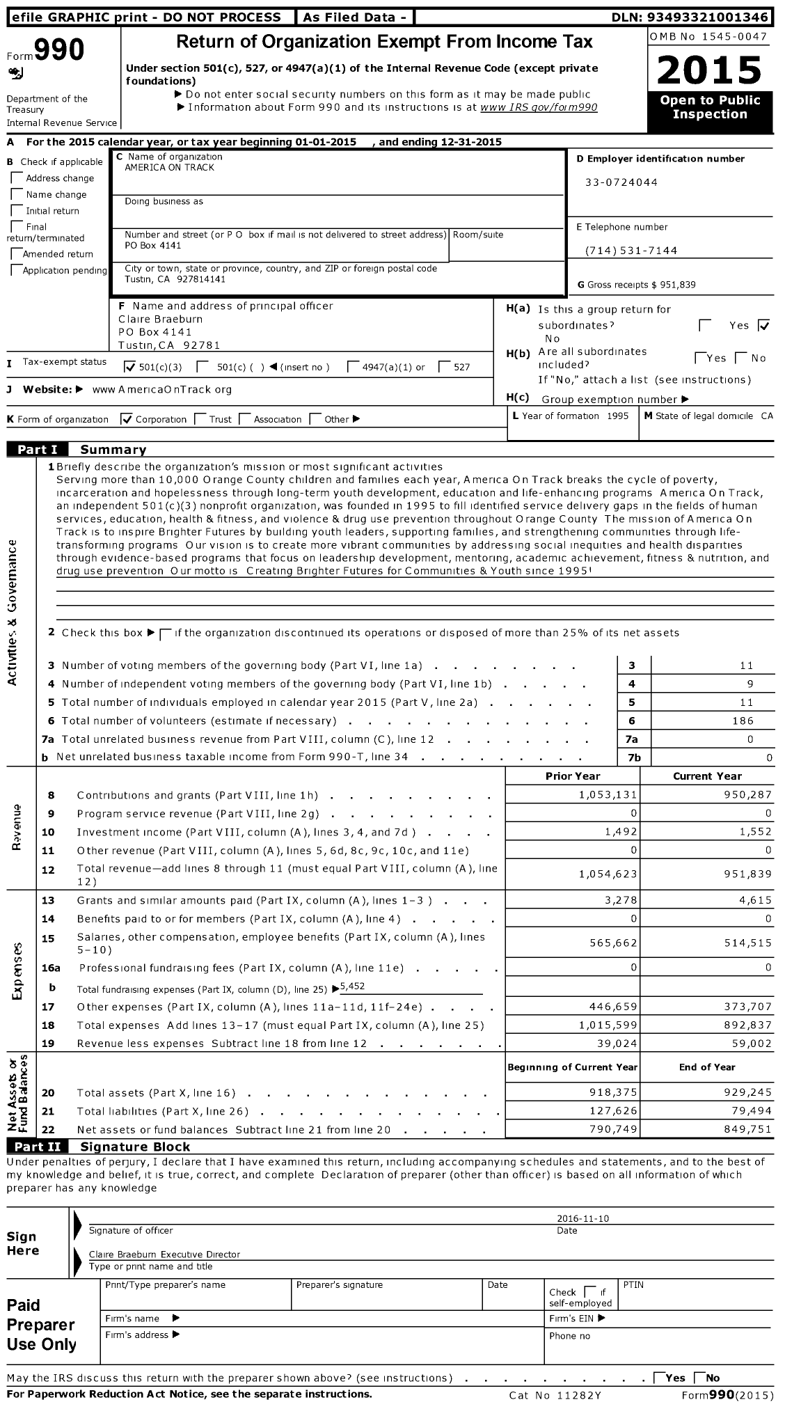 Image of first page of 2015 Form 990 for America on Track