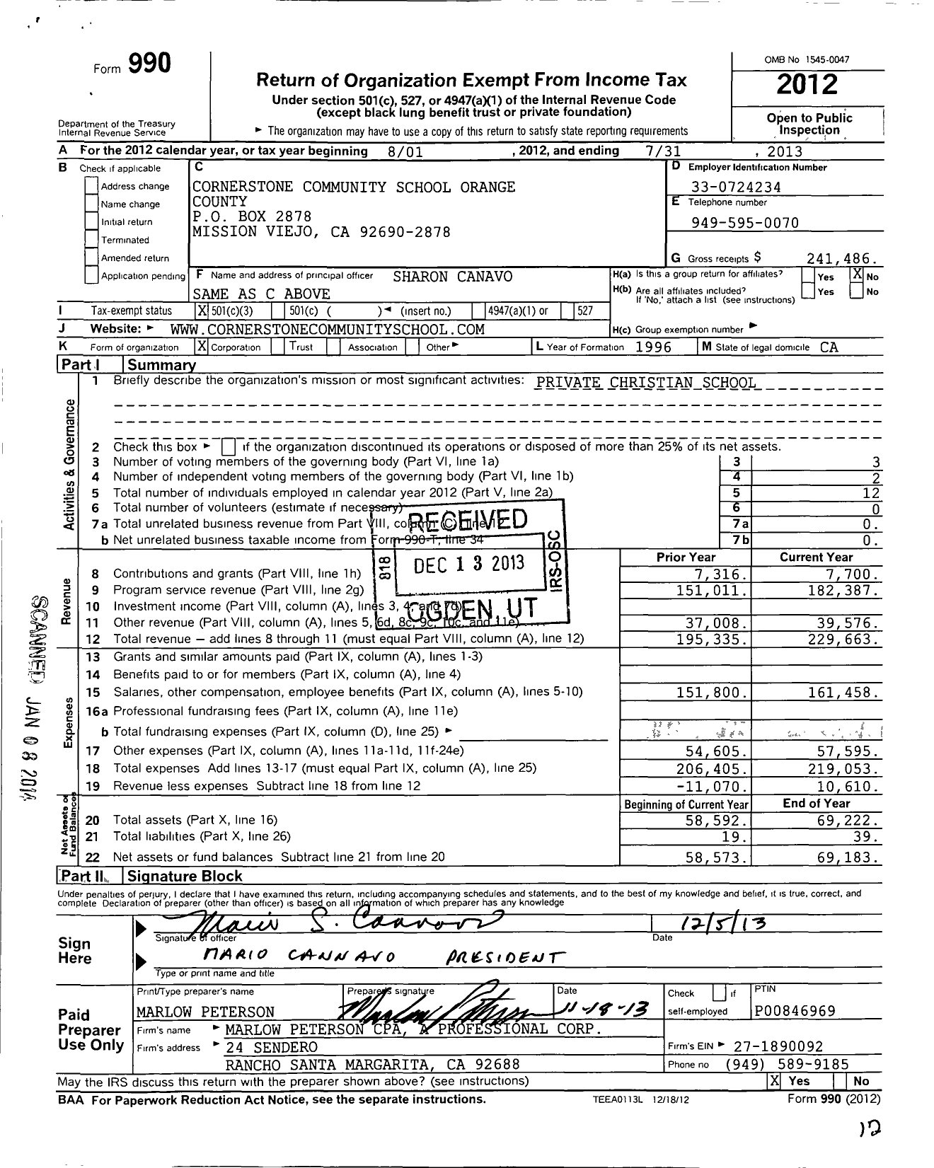 Image of first page of 2012 Form 990 for Cornerstone Community School Orange County