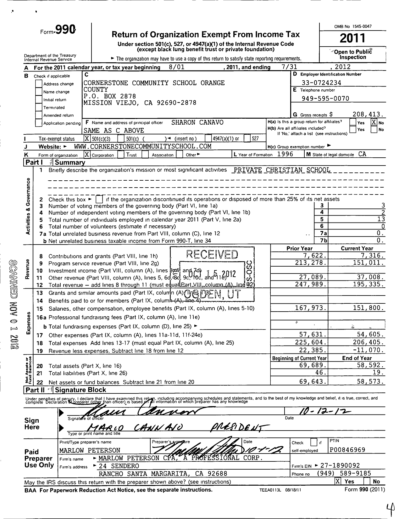 Image of first page of 2011 Form 990 for Cornerstone Community School Orange County